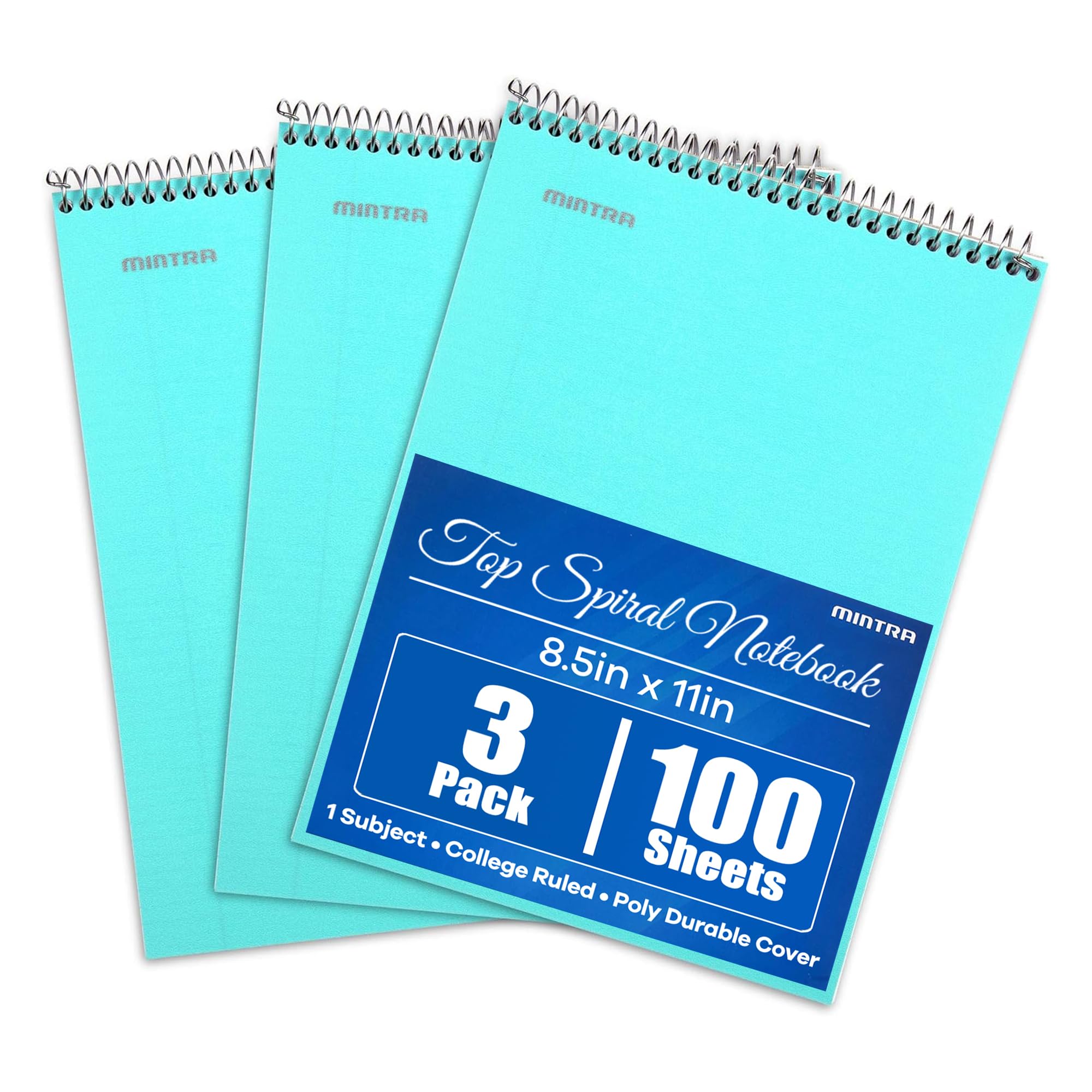 Mintra Office Top Bound Trwałe spiralne notebooki, sztywne plecy, 100 arkuszy, odporna na wilgoć okładka, szkoła, biuro, biznes, profesjonalne (turkusowy, w linie, 3 szt