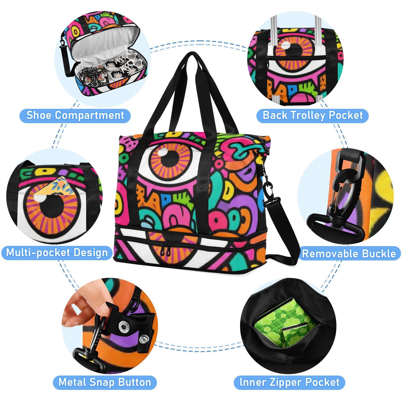 Evil Eyes Doodle kolorowa duża torba podręczna z kieszenią na mokro regulowany pasek na siłownię torby marynarskie do trekkingu wielofunkcyjna dla mężczyzn kobiet