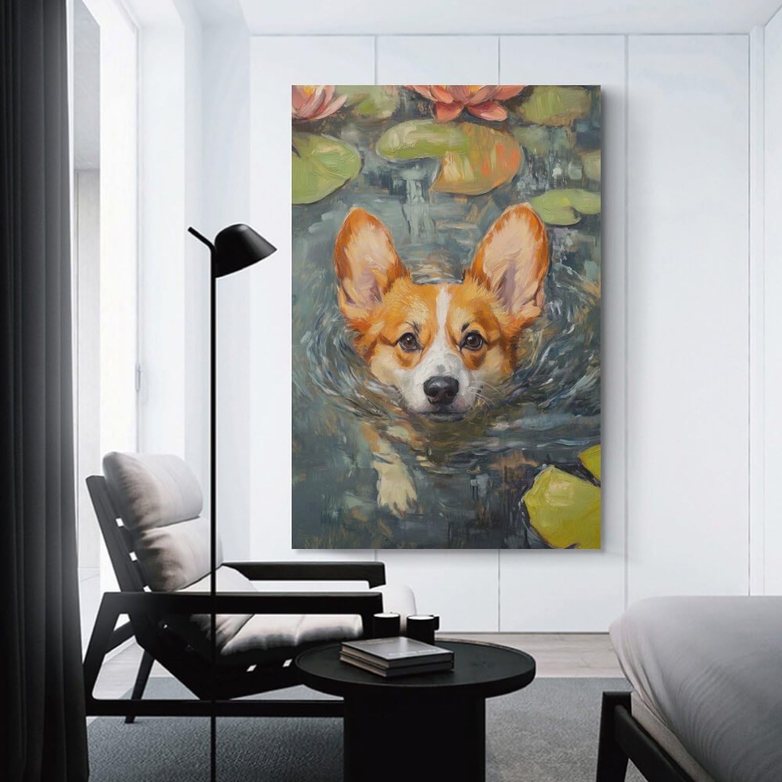Junmoney Wall Art Print Corgi Swimming in Pond, 08x12inch(20x30cm), for Bedrooms, Workspaces And Everyday Interiors, Stylish Home Artwork for Focal Walls