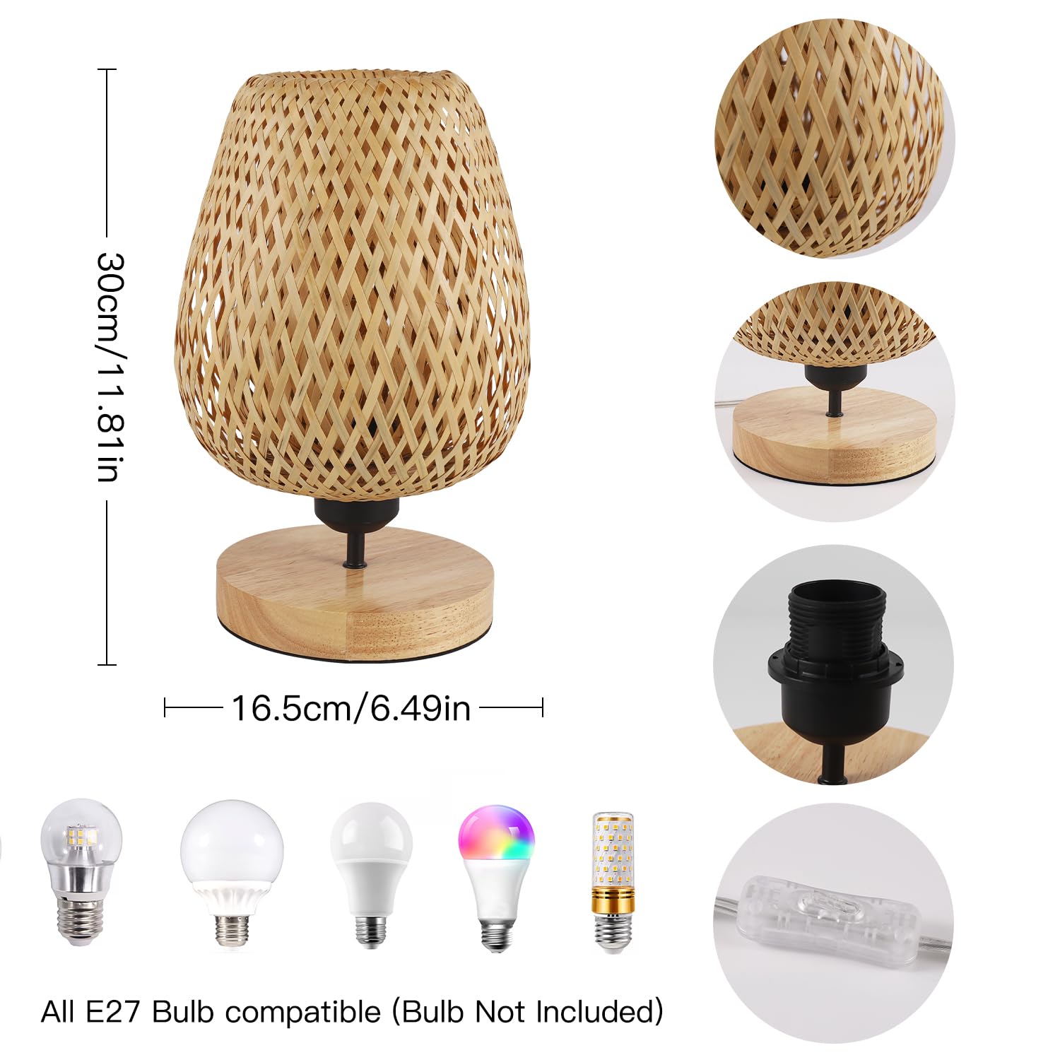 Comely Bambou Tissé Lampe de Table, Lampe de Chevet Abat-Jour en Bambou | Base en Bois Naturel pour Chambres à Coucher, Bureau, Salle à Manger