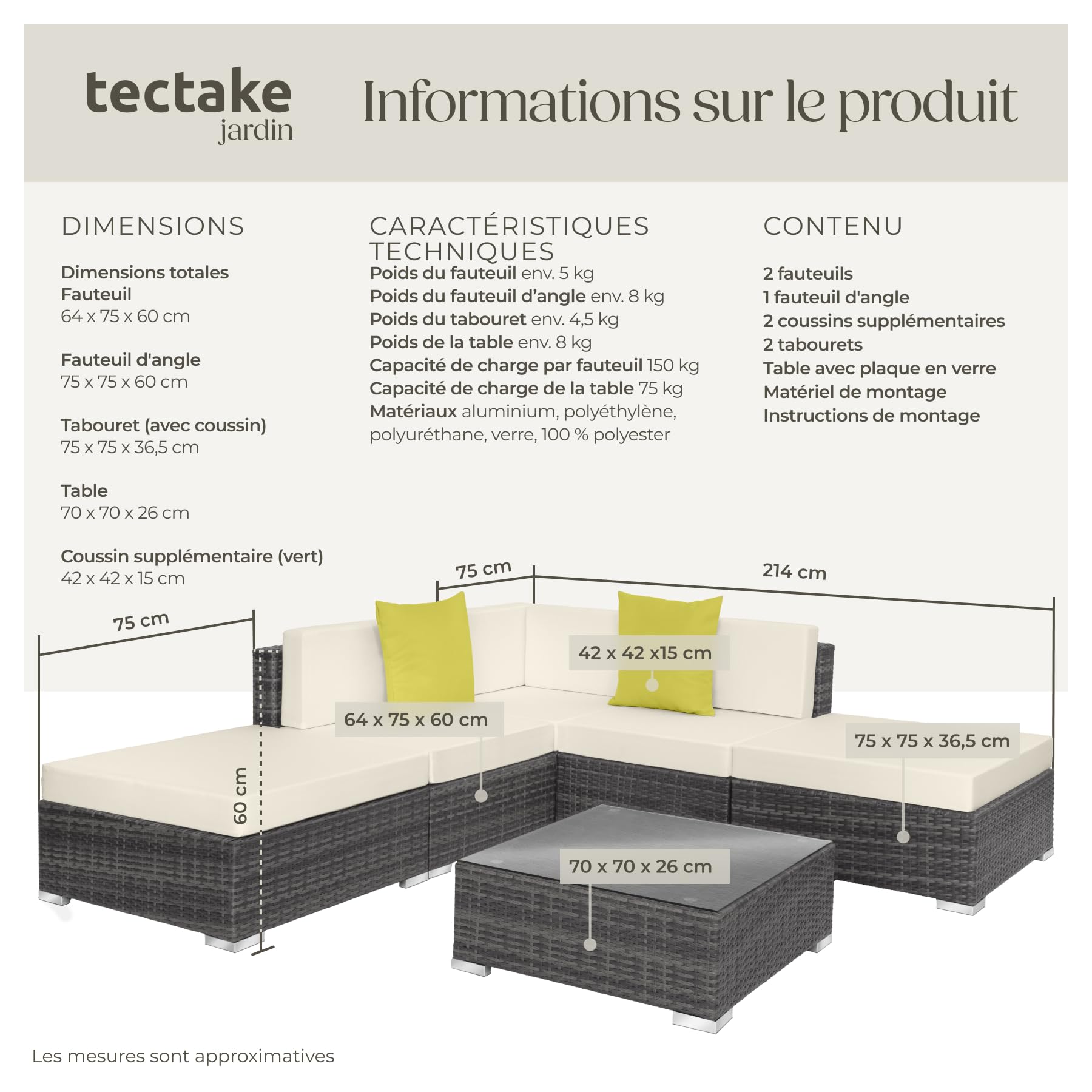 tectake® Ensemble Salon de Jardin Exterieur XXL en Poly Rotin Modulable Canapé 5 Places 3 Fauteuil Salon 2 Tabouret Pouf et 1 Table de Jardin, Mobilier de Jardin pour Amenagement Balcon Terrasse