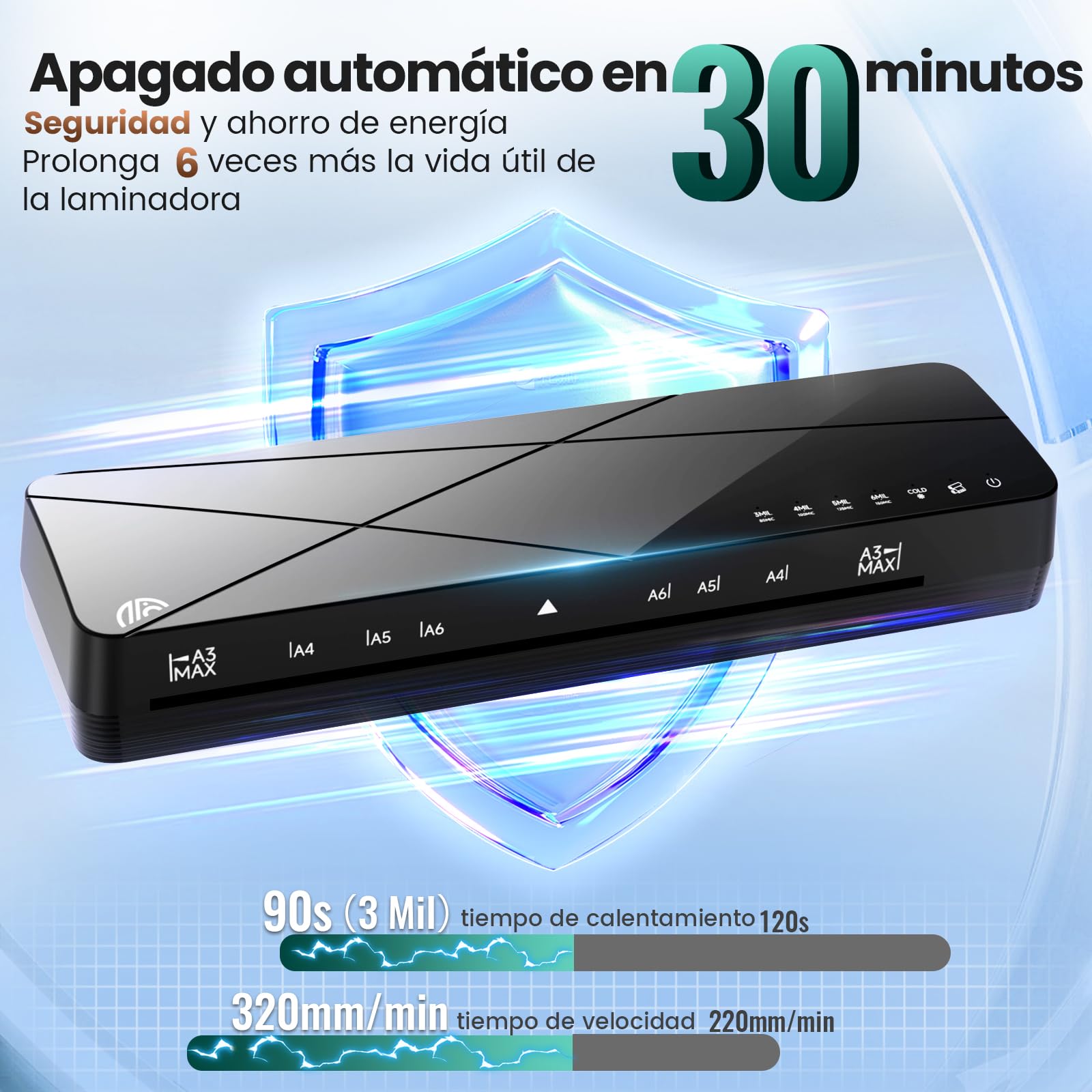 Máquina de Laminadora Plastificadora A3 A4 A5 A6 con 6 Modos y Apagado Automático Frío y Caliente