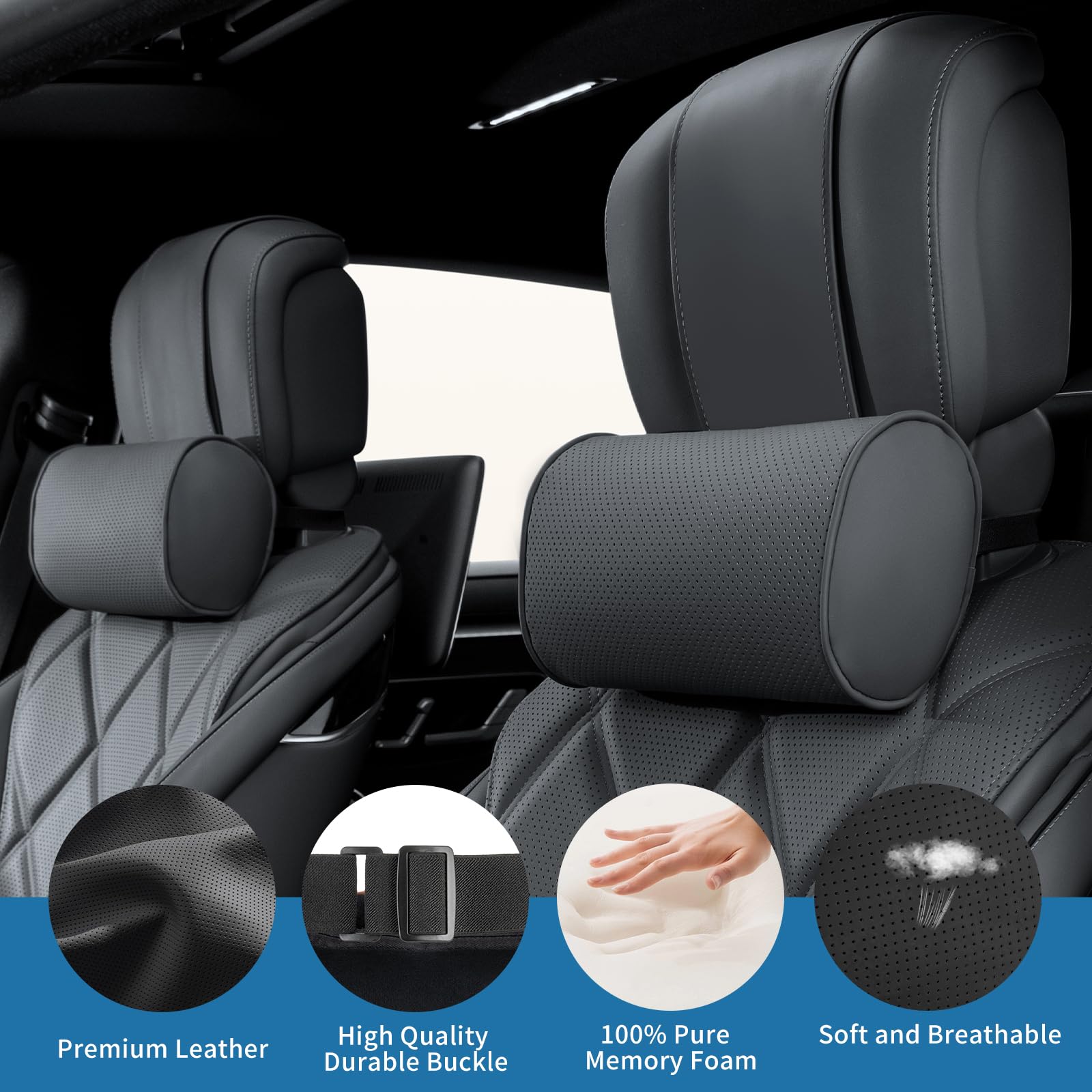 Coussins Appuie Tête Voiture, Support de Nuque D'appuie Repose-Tête Cervical Oreillers de Cou avec Cuir Mousse à Mémoire pour Le Siège d'Auto Conduite Passager Voyage, Noir, 2 Pièces
