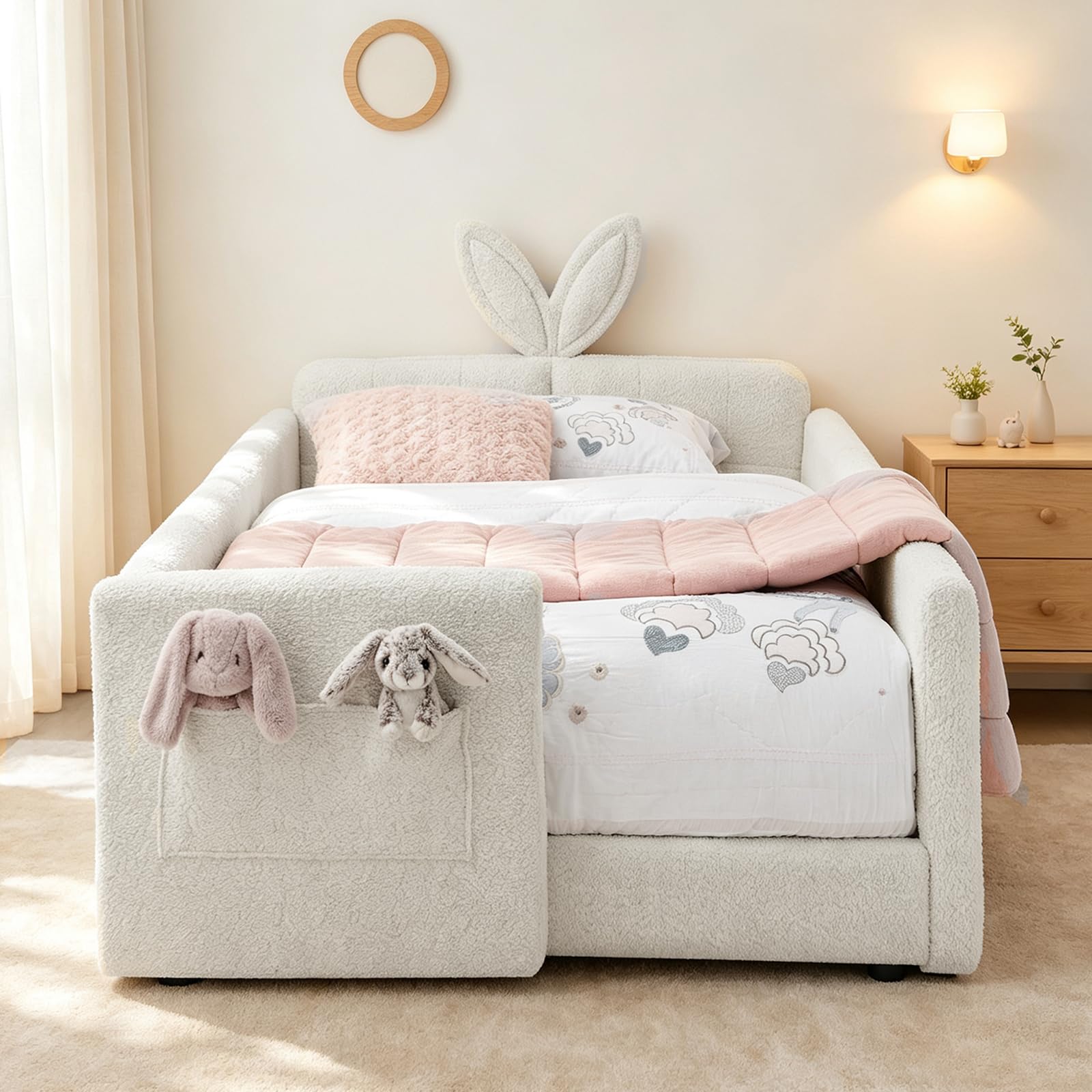 Twin Bed Frame for Kids, Floor Platform Bed Bunny, Beige