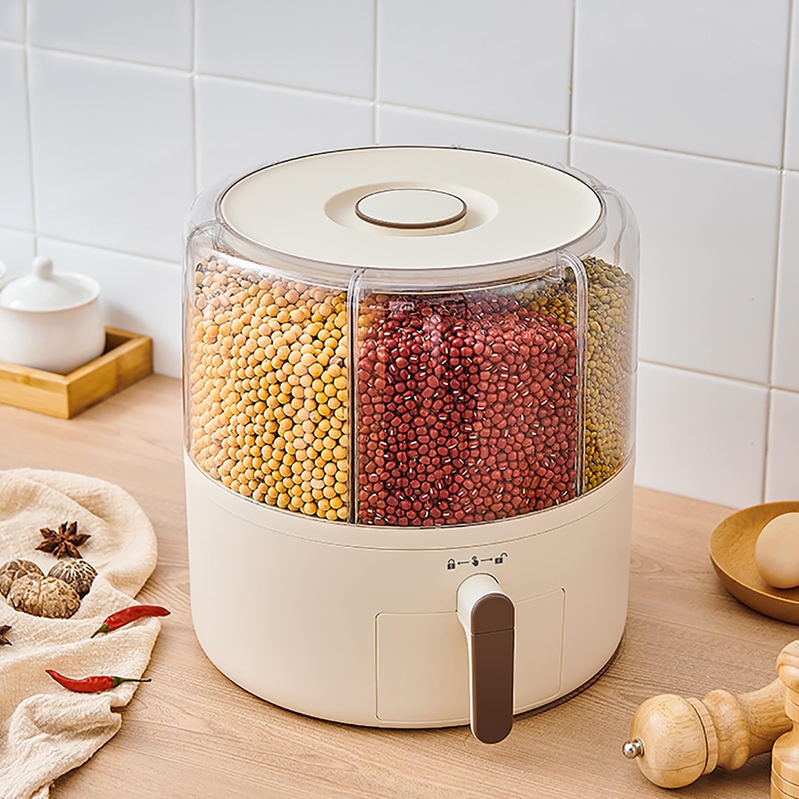 Dispensador de cereales de 6 rejillas, recipiente giratorio hermético para almacenamiento de alimentos para granos pequeños, frijoles, arroz, almacenamiento de alimentos secos de 7.2 L con tapas