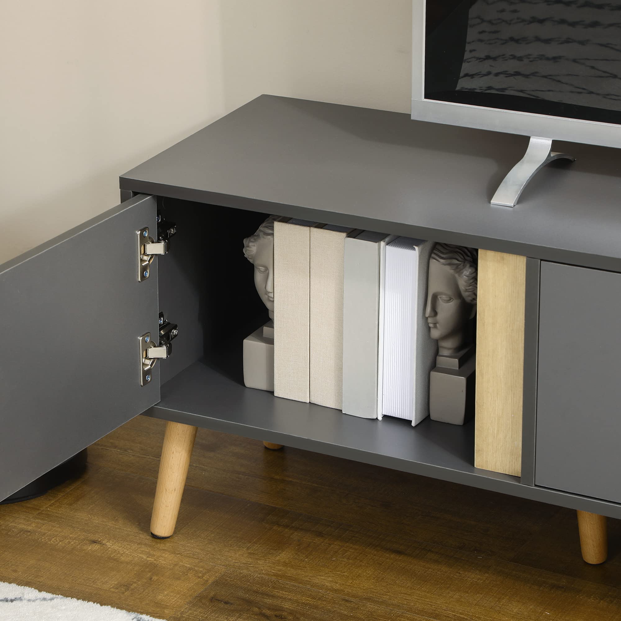 HOMCOM Mobile TV Design scandinavo 55 pollici 150 x 35 x 45 cm, grigio scuro | Panca TV, 2 porte, 2 nicchie, con passacavi, per TV fino a 55 pollici