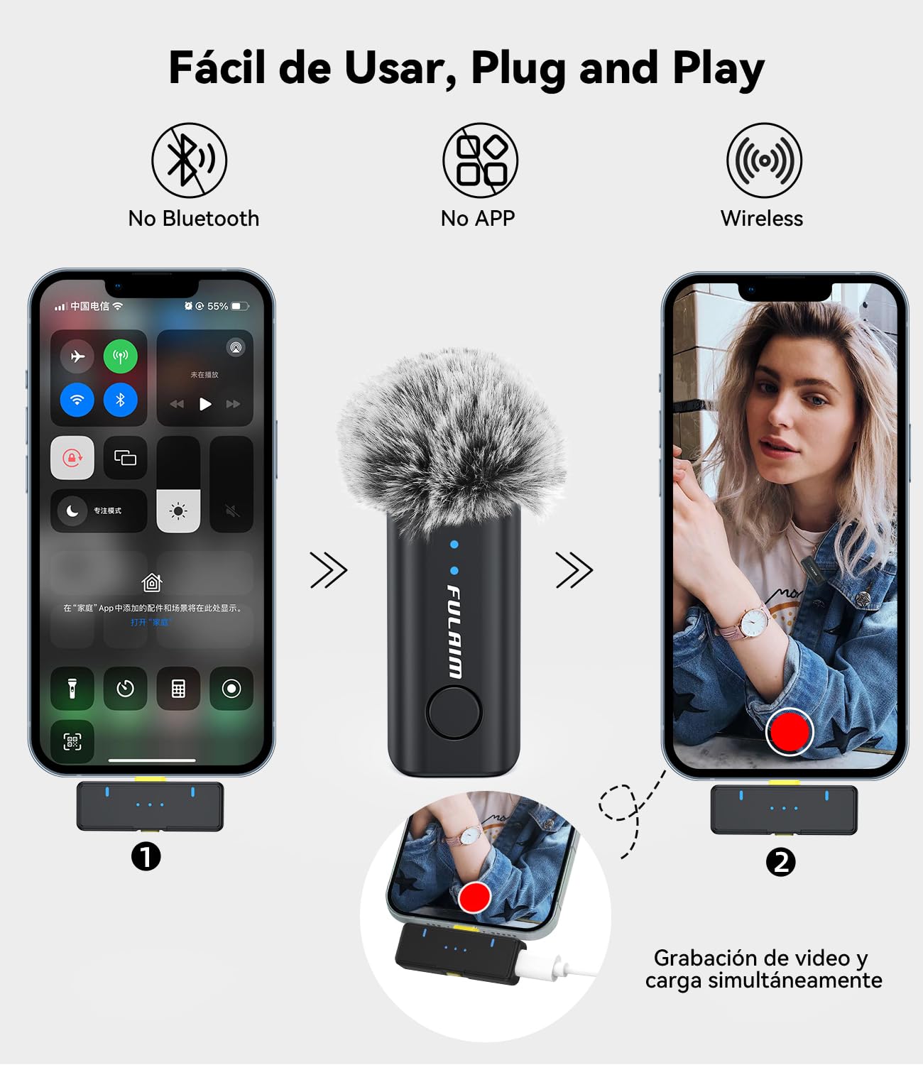 FULAIM Microfono Inalambrico para iPhone/teléfonos/Android,Micrófonos Lavalier Inalambricos con cancelación de Ruido, Wireless Microphone para grabación de Video, entrevistas, TikTok y Youtube
