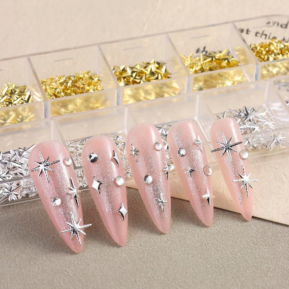 3D Star Metal Nail Art Charms, Mixed Styles Gold Silver Star Alloy Nail Rivets Jewelry Metallic Studs Rhinestones Star Manicure Decorations for Women Girls Nails Supplies DIY Crafts