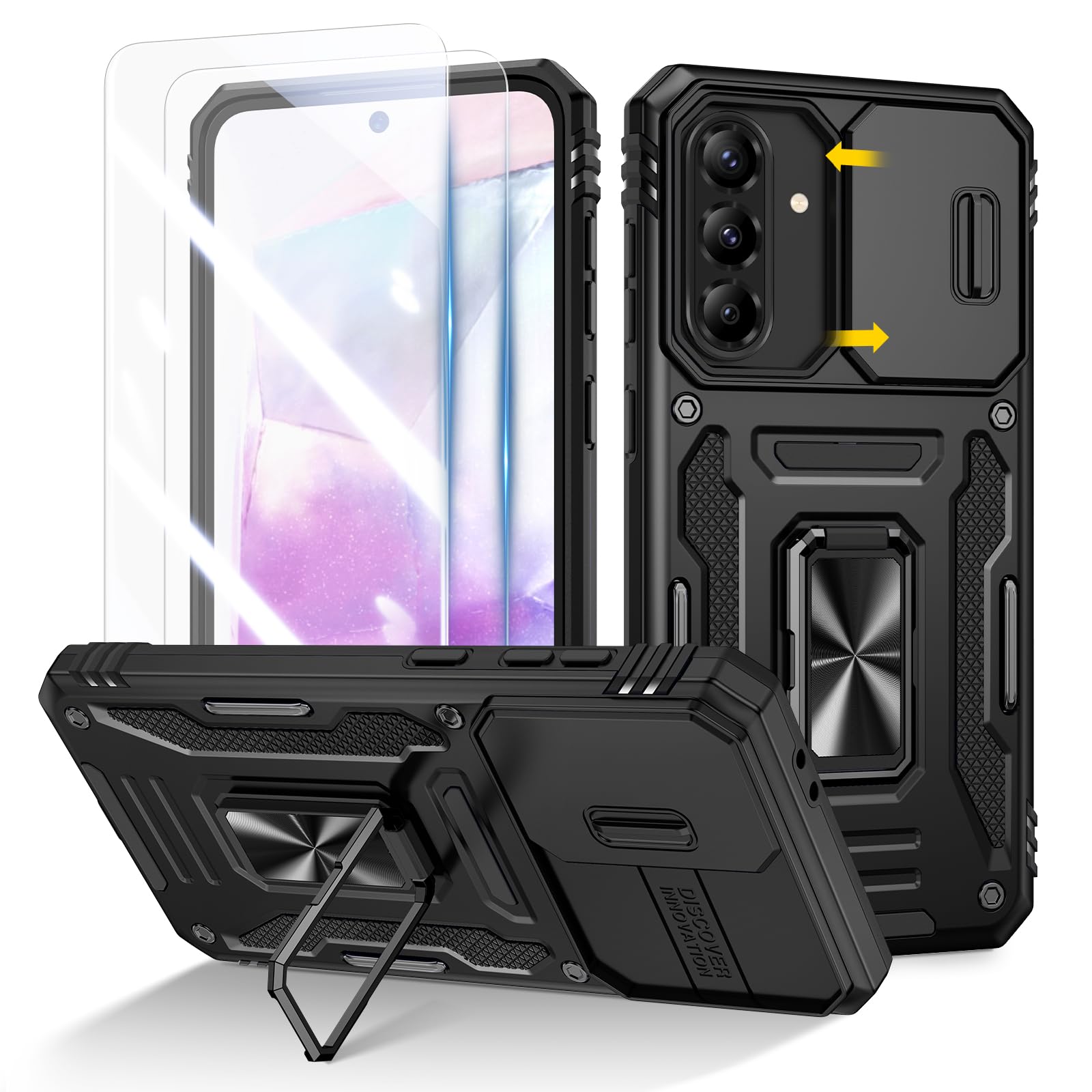 Doeshine für Samsung Galaxy Hülle mit 2 Stück Displayschutzfolie & Kameraschutz, Rotate Ring Ständer, Robust Fallschutz Handyhülle Outdoor Militär Schutzhülle für Galaxy
