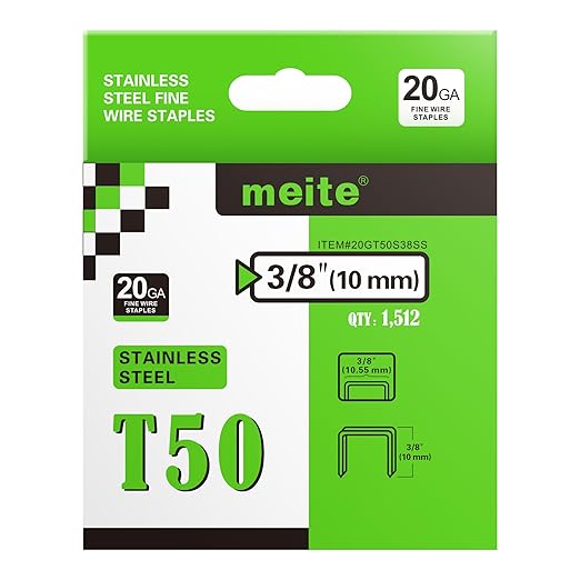 meite T50 Staples Marine, 3/8 Inch 304 Stainless Steel Staples for Staple Gun, Heavy Duty 20 Gauge 3/8 Inch Crown T50 Upholstery Staple for Marine Applications (5 Packs)