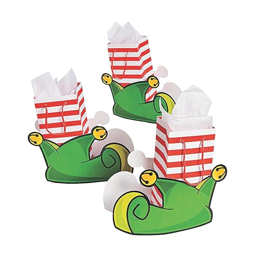 Fun Express - Elf Boot Shaped Gift Bags for Christmas - Party Supplies - Bags - Paper Gift W & Handles - Christmas - 12 Pieces