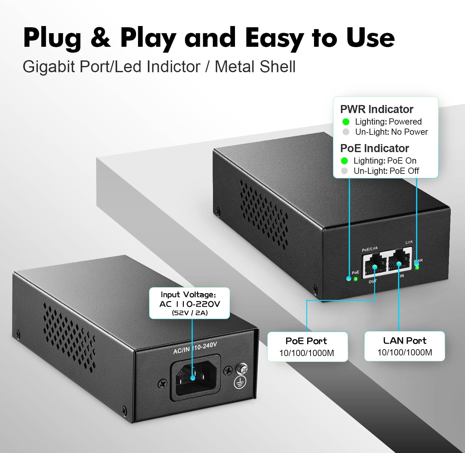 YuLinca Gigabit PoE+ Injector 90W, 802.3af/at/bt Power Over Ethernet Metal PoE Adapter, 10/100/1000Mbps, Non-PoE to PoE Adapter, Plug & Play, Distance Up to 100 Meters (328 ft.)