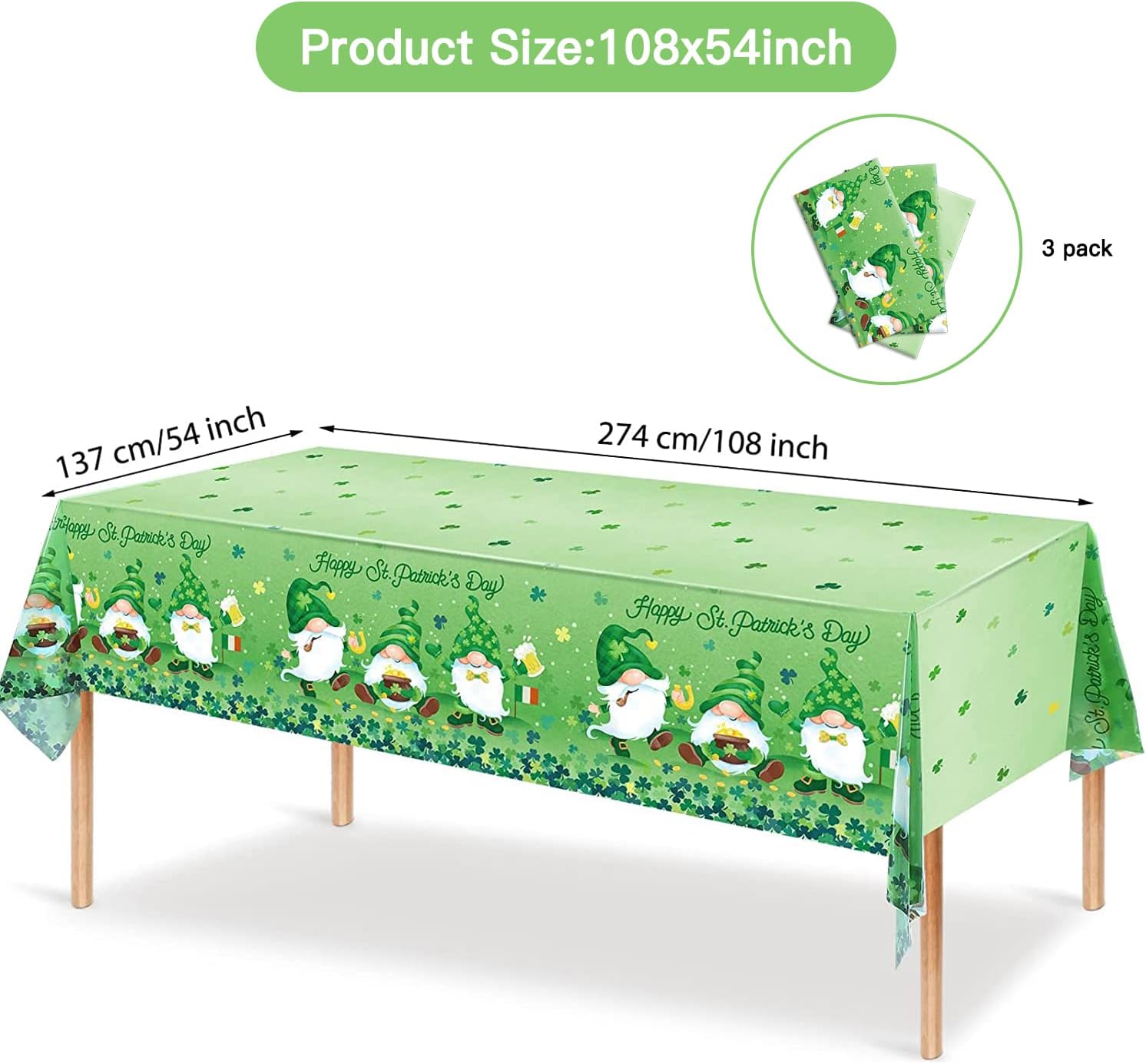 XCKALI 2 Piece Happy St. Patrick's Day Tablecloth Gnome Shamrock Tablecloth Lucky Leaf Shamrock St. Patrick's Day Supplies (54 x 108 Inch)