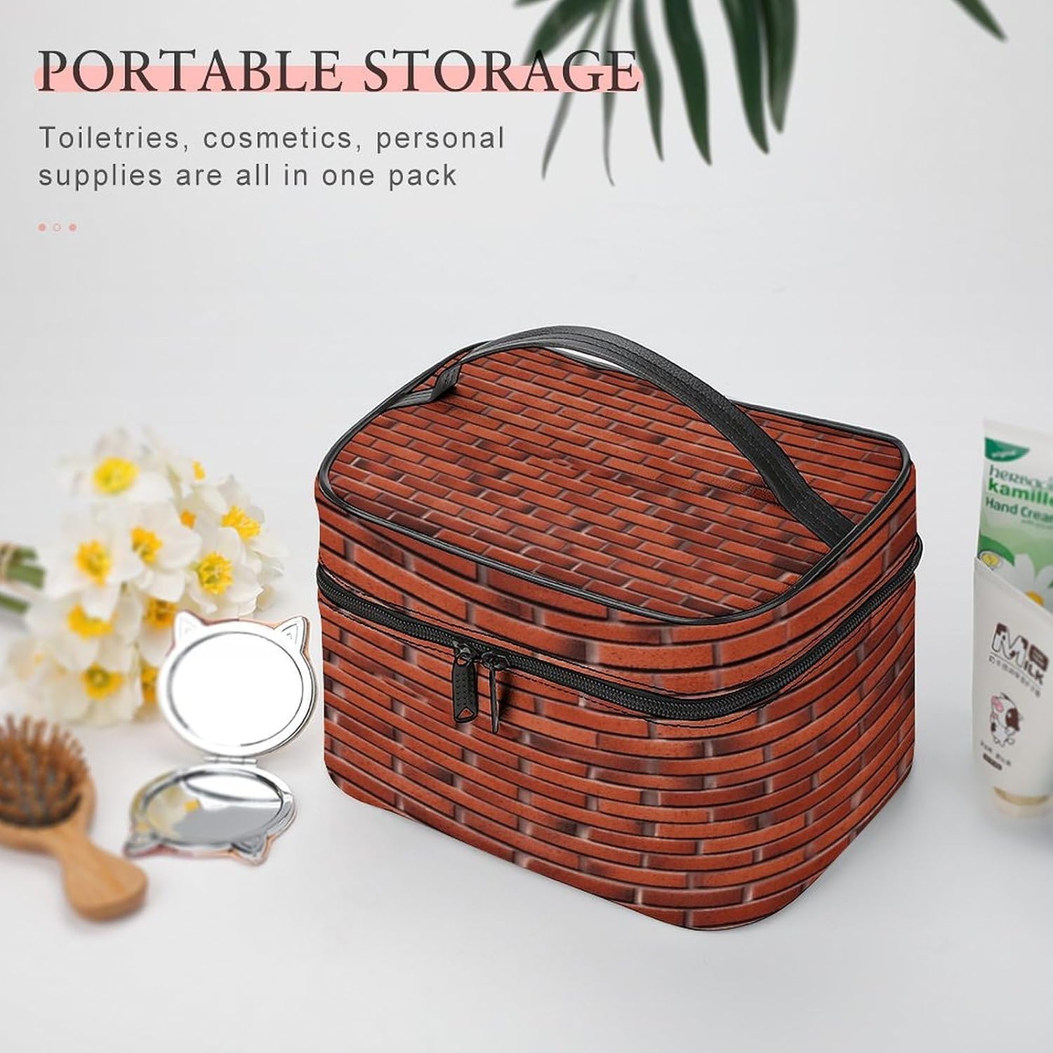 Red Brick Wall Makeup Bag with Handle Fashion Portable Travel Toiletry Bag Exquisite Large Capacity Cosmetic Bags Lightweight Travel Accessories Storage Bags for Women image 5