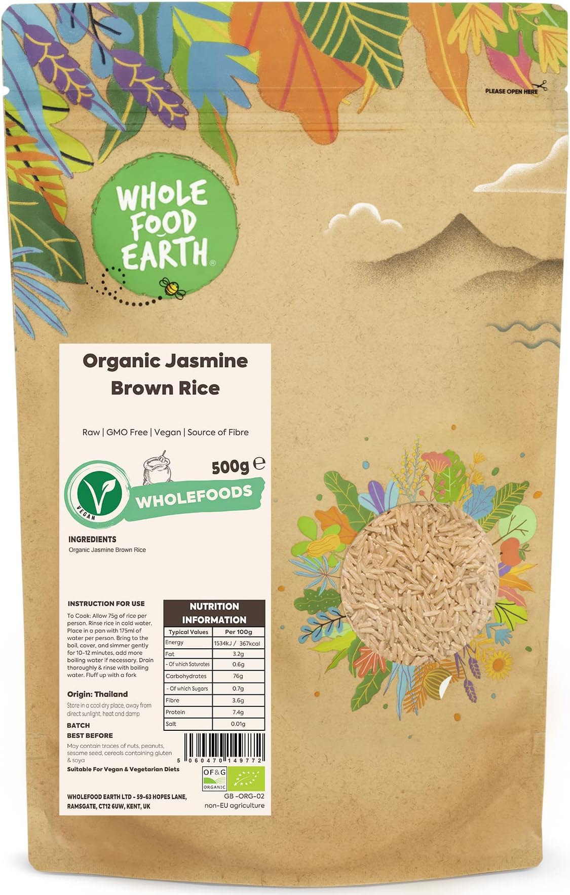 Wholefood Earth Organic Jasmine Brown Rice 500g Raw | GMO Free | Vegan | Source of Fibre | Certified Organic