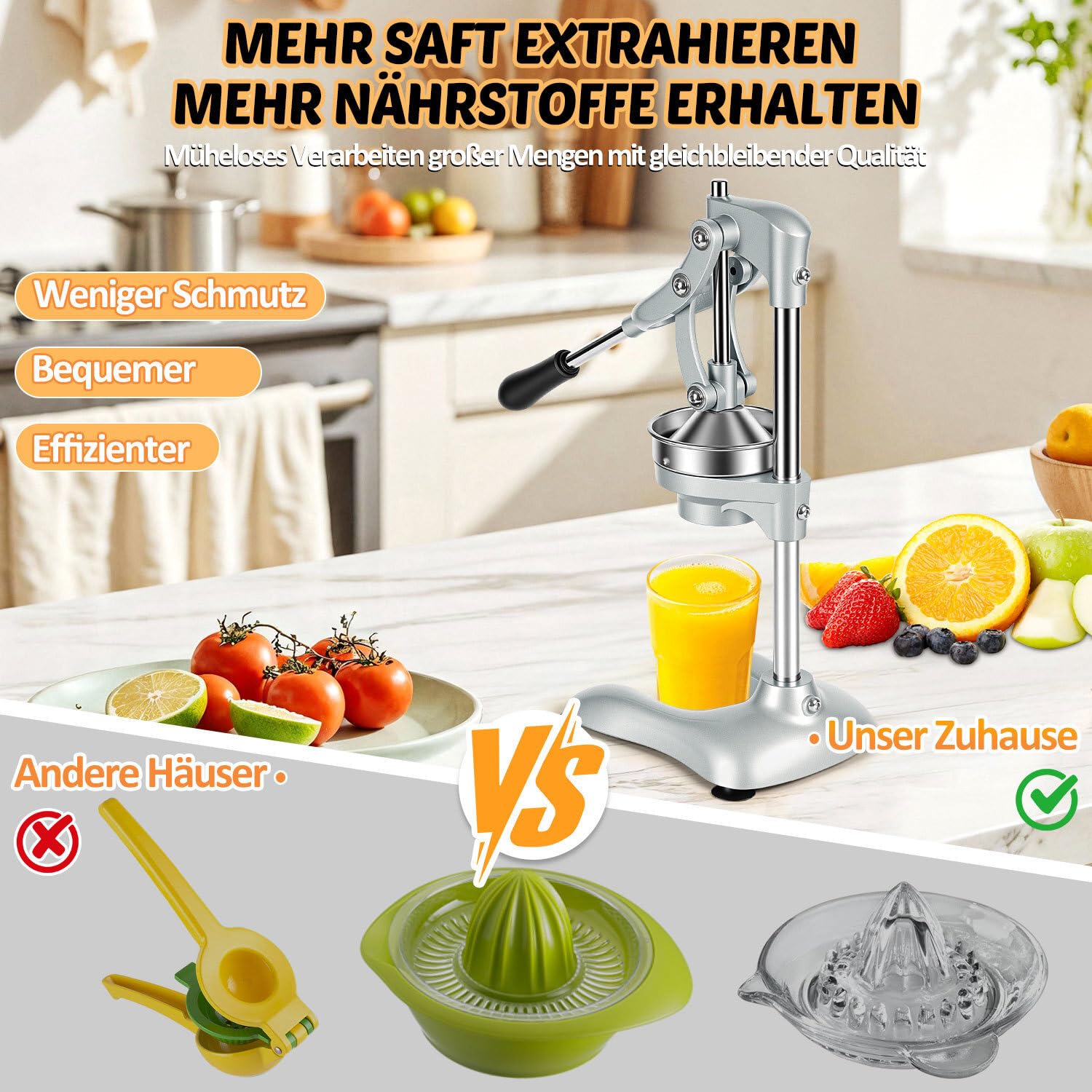 Entsafter manuell,Orangenpresse und Fruchtpresse mit Hebel | 2 Pressköpfe für verschiedene Früchte,mit Hebel und Saugnapf,45 cm hoch,Trichter und Sieb aus 304 Edelstahl