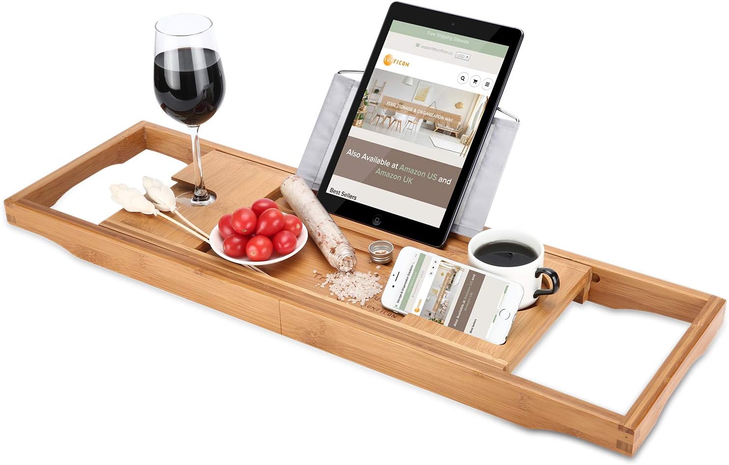SUNFICON Bathtub Caddy Tray Rack Shelf Bamboo Bath Tray with Extending Sides Mug/Wineglass/Smartphone Holder, Metal Frame Book/Pad/Bath Rack with Waterproof Cloth Non-Slip Rubber : Home & Kitchen