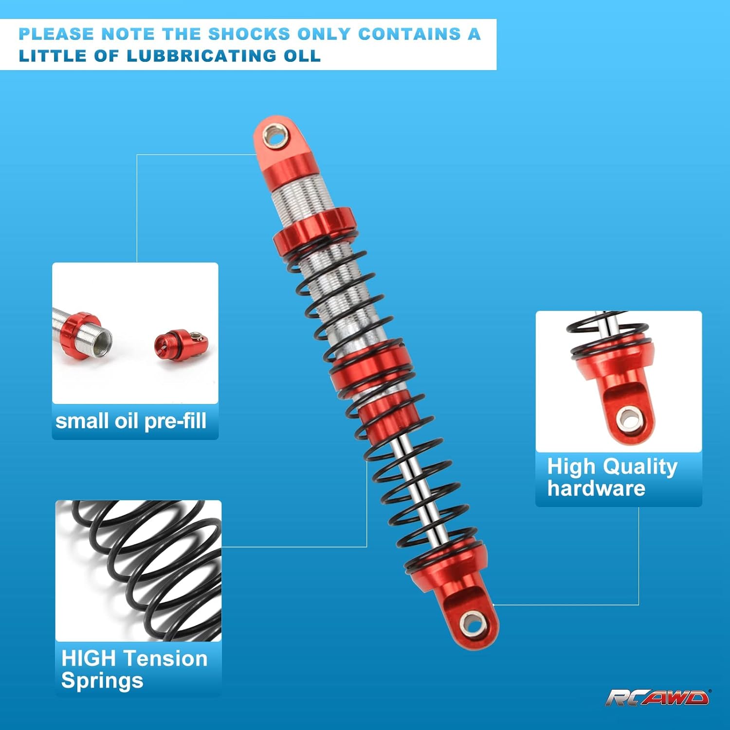 RCAWD 90mm Shock Absorber Damper Universal for a lot of 1/10 RC Cars, Full Aluminum RC Shock Upgrades, 7075 Adjustable Shocks with Spring 4pcs Hop Ups Parts Red