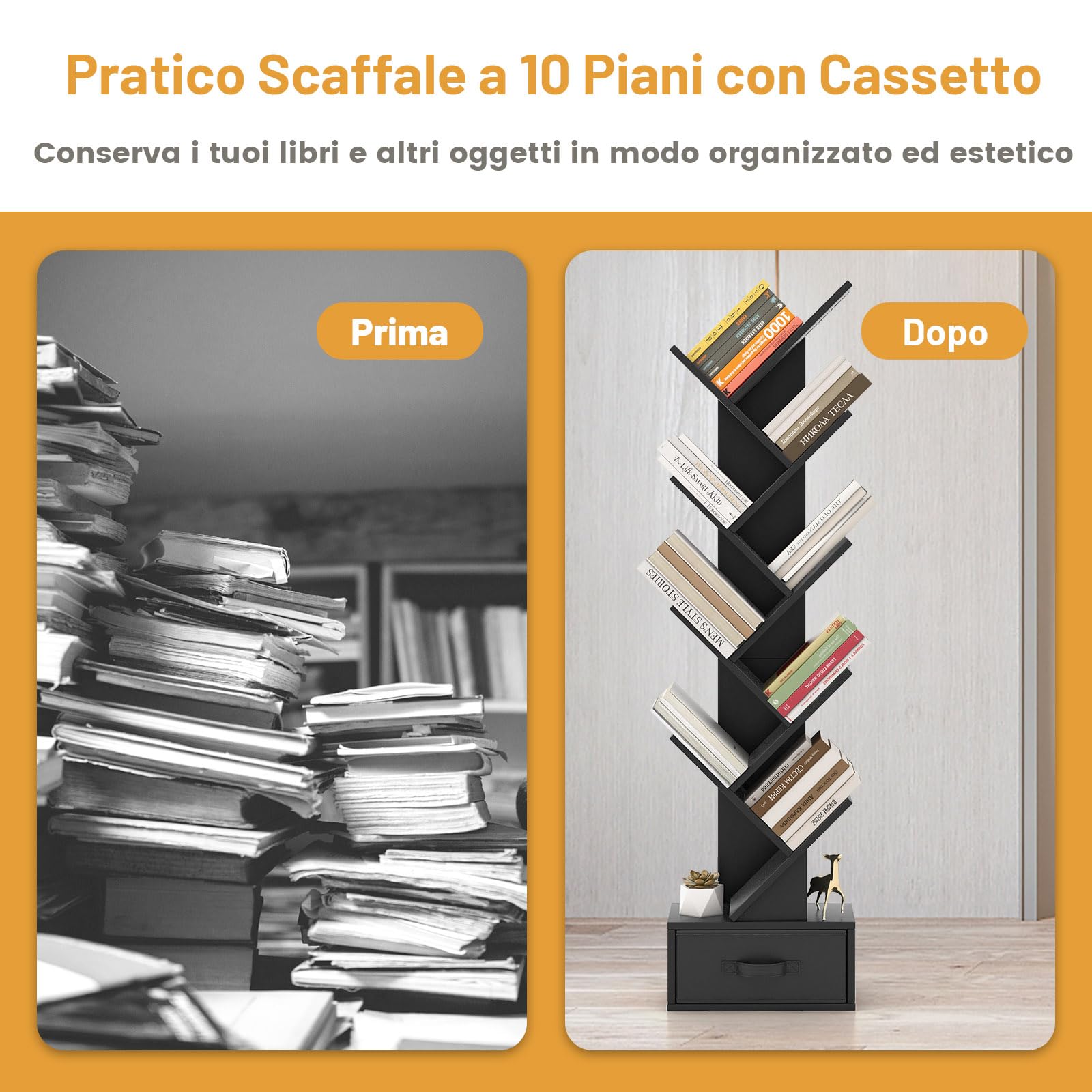 COSTWAY Libreria ad Albero in Legno, Scaffale a 10 Ripiani con Cassetto, Portaoggetti Autoportante per Soggiorno, Studio e Ufficio, 38 x 21,5 x 149,5 cm (Nero)