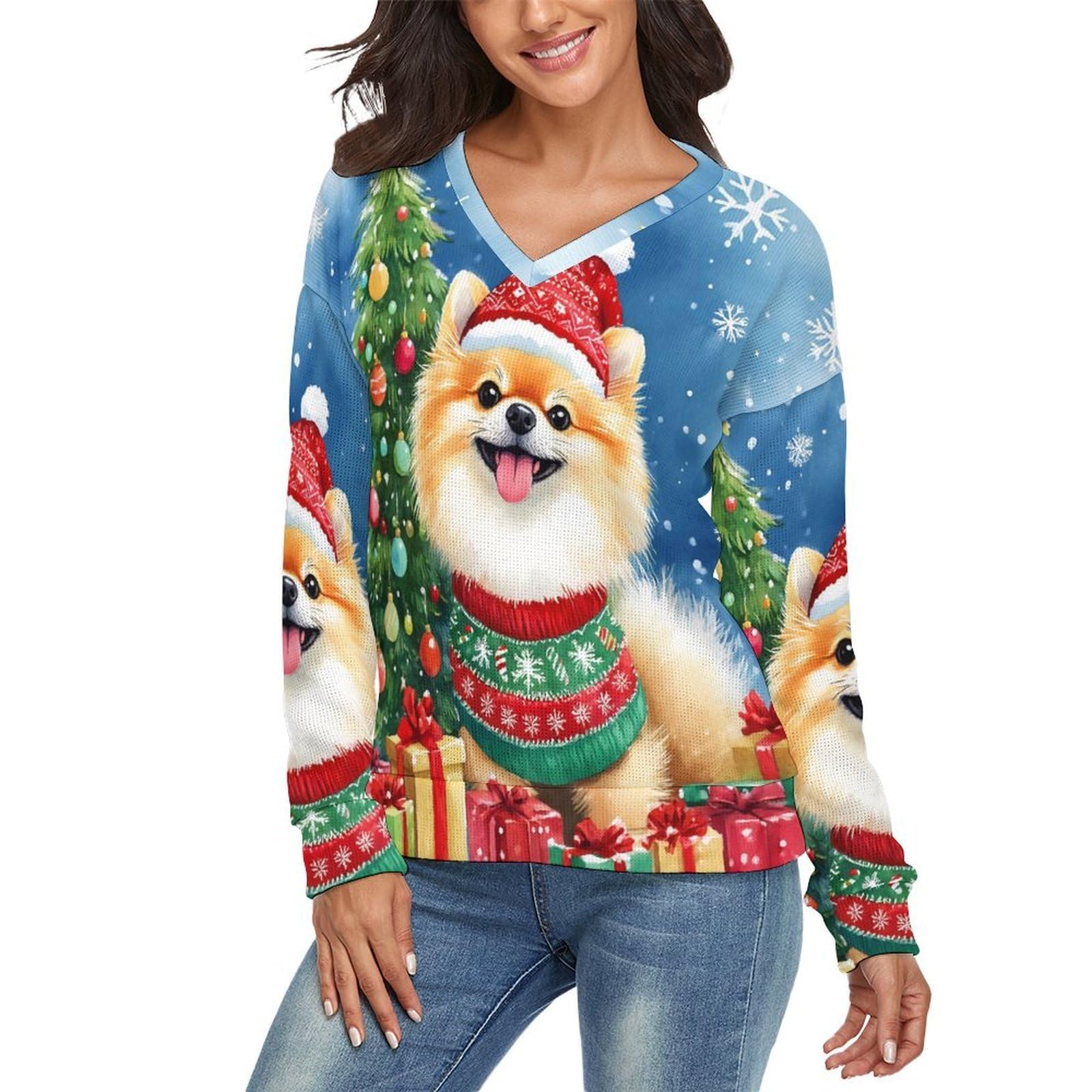 Dog Christmas Womens V Neck Sweater Long Sleeve Top Sweater for Women