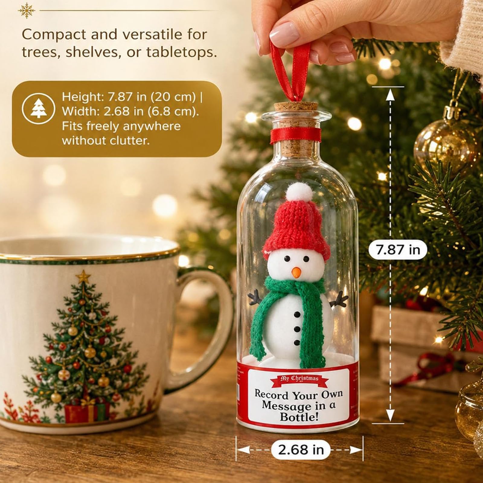 Messaggio dell'albero di Natale in una bottiglia, decorazione natalizia | Ornamento del pupazzo di neve della rosa dell'albero di vetro con voce registrabile, regali decorativi speciali di Natale