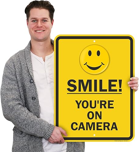 Miniatura 2 de SmartSign Letrero de metal con la frase "Smile You're On Camera" de 24 x 18 pulgadas con agujeros pre-limpiados, aluminio laminado inoxidable de 80