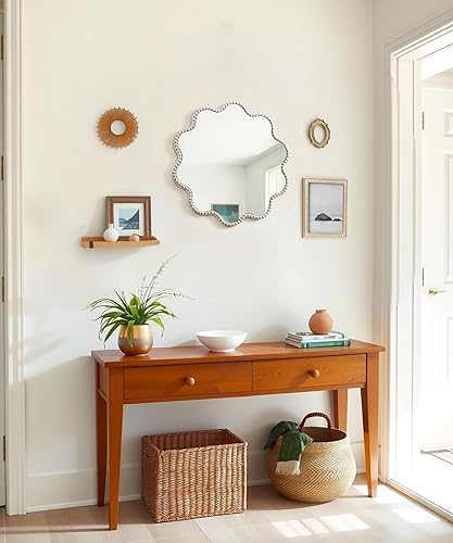 Miniatura 2 de Espejo de pared, espejo redondo de granja con cuentas, marco ondulado, círculo para colgar, decoración de pared bohemia para sala de estar, entrada,