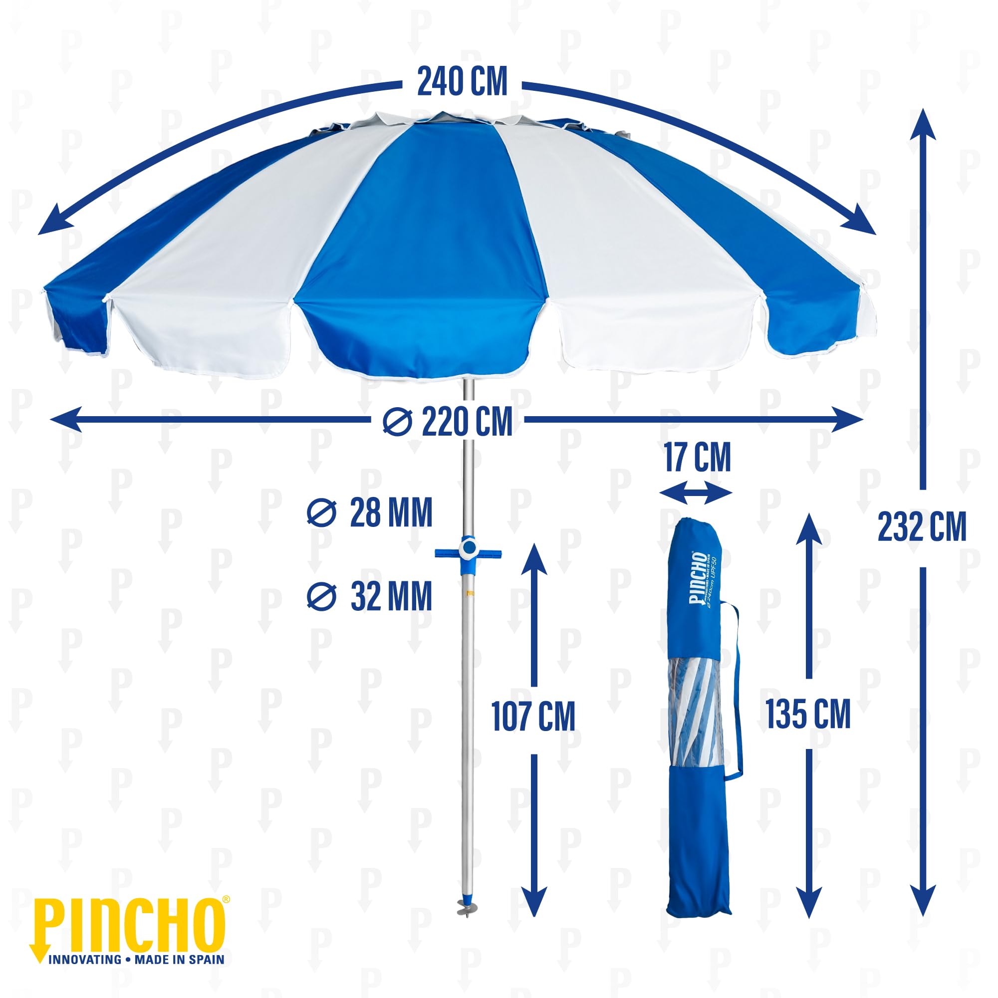 PINCHO Parasol Plage Anti UV 240 cm Inclinable avec Sac de Transport, Toile Oxford, Aluminium Léger, 16 Baleines Fibre de Verre, Piquet d’Ancrage, Fenêtre de Ventilation, Protection Solaire UV50