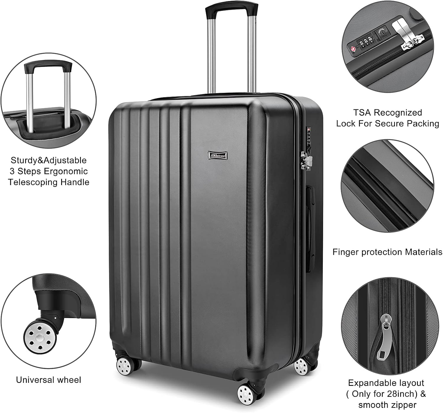 review TopZK JZRSuitcase Carry On Luggage ABS+PC Suitcase with Spinner Wheels TSA Lock 20in 24in 28in (black, 20in)
