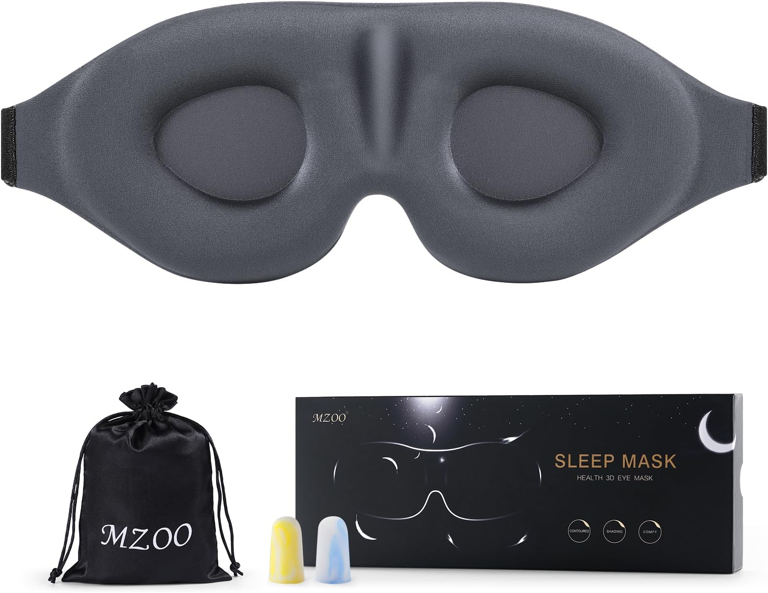 MZOO Sleep Eye Mask for Men Women, Zero Eye Pressure 3D Sleeping Mask, 100% Light Blocking Patented Design Night Blindfold, Soft Eye Shade Cover for Travel, Grey