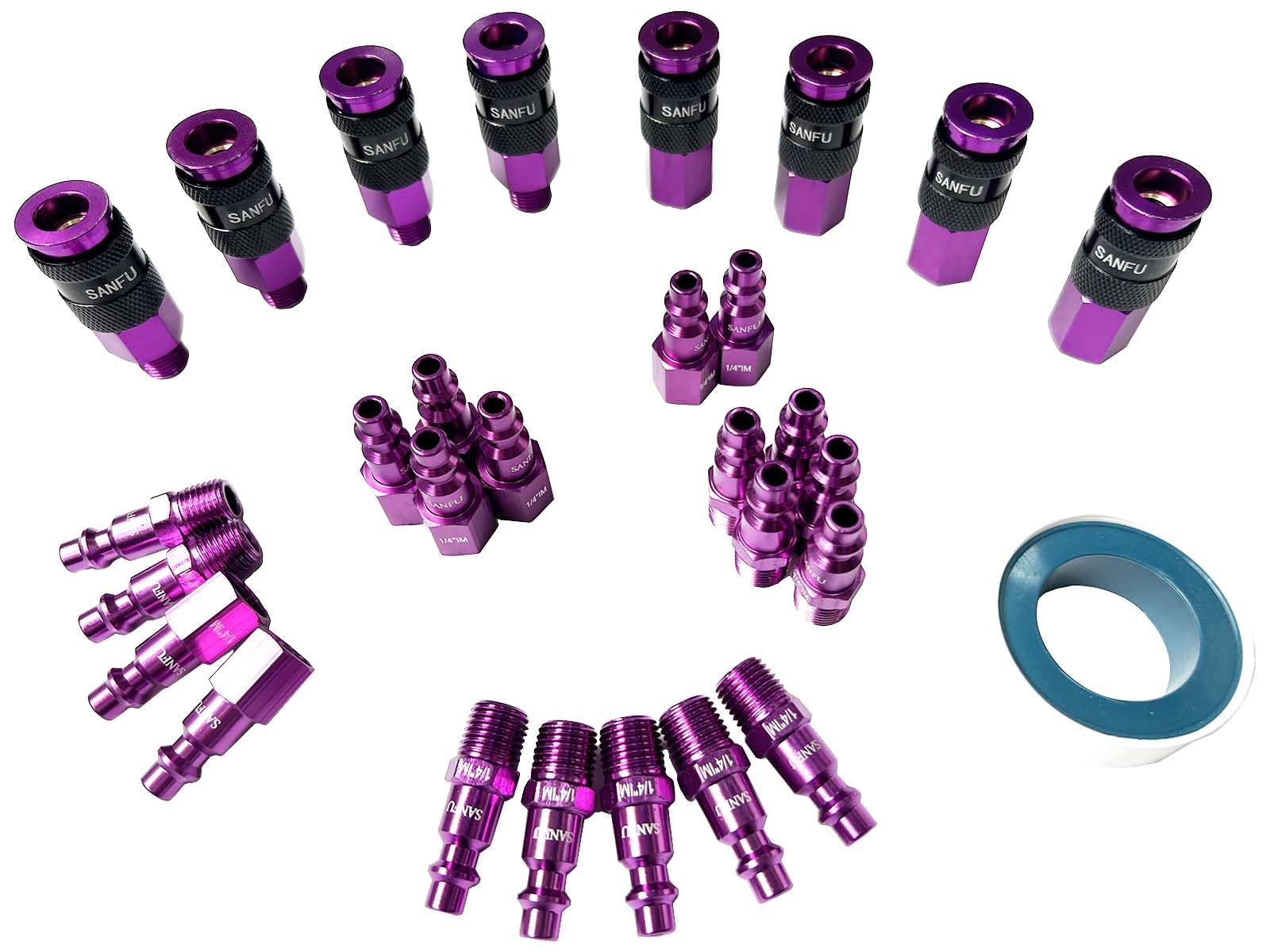 SANFU Air Hose Fittings, Aluminum AMT Universal Air Coupler and I/M Industrial Type Air Plug Kit, 1/4 Inch Threads Size, 1/4 Inch Body Size, 29 Pieces