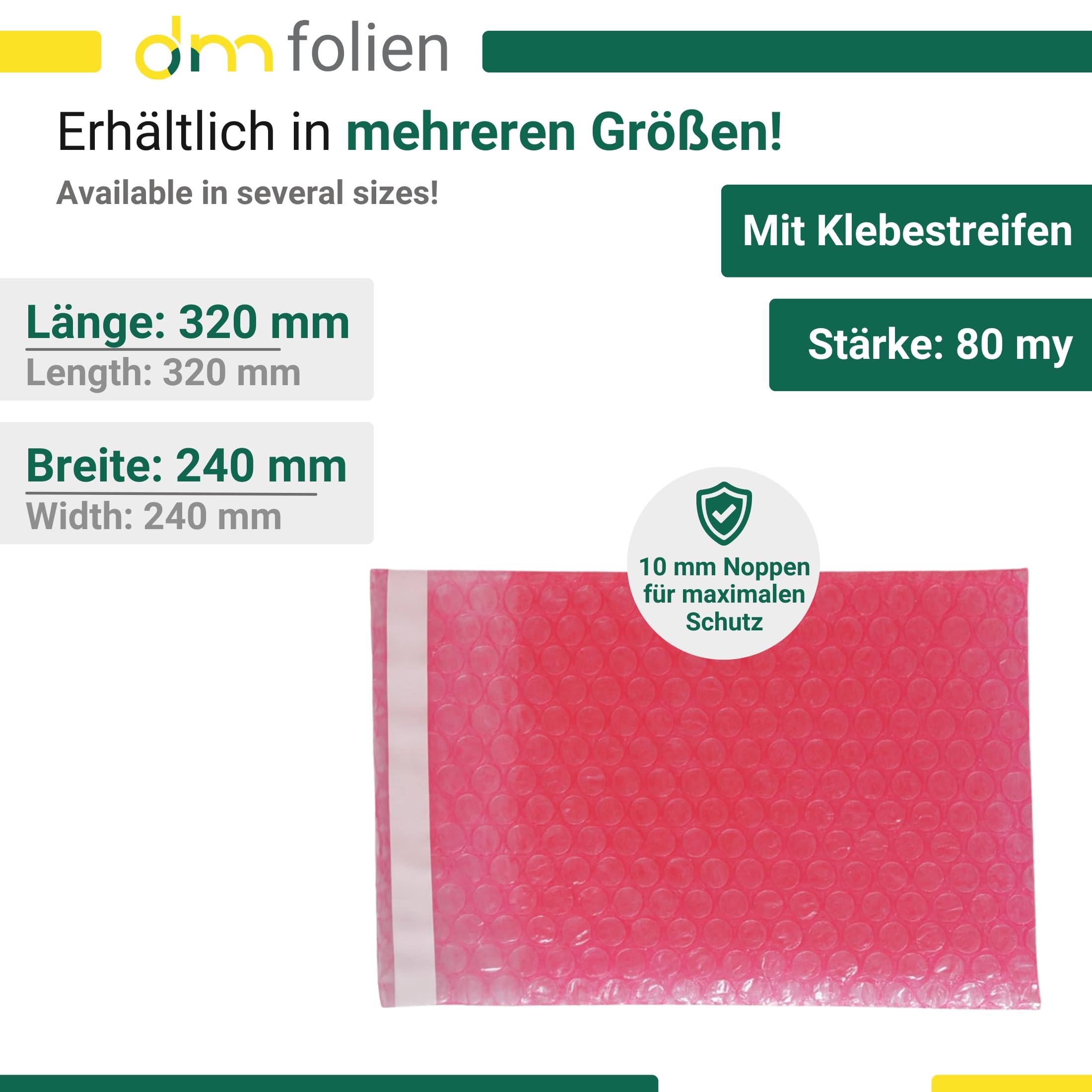 dm-folien Luftpolsterbeutel I 240 x 320 + 50 mm I 450 Stück I 80 µ I Antistatische Luftpolstertaschen mit Klebestreifen I 3-lagige Bubble Bag Versandtaschen ideal für Elektrogeräte