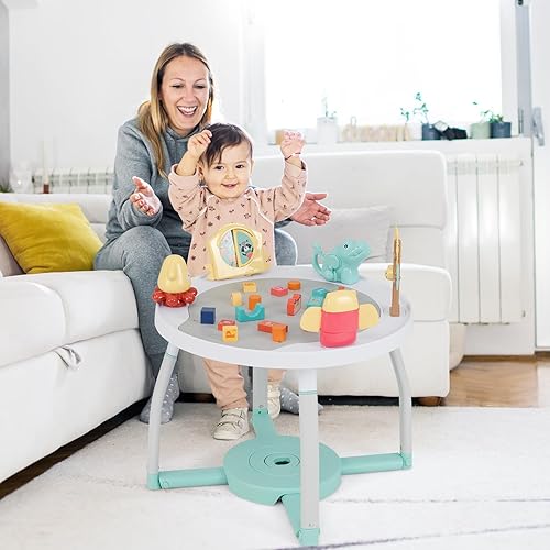 Miniatura 2 de HONEY JOY Centro de actividades para bebés, puente infantil 5 en 1 y mesa de juego de pie con asiento giratorio de 360, 6 juguetes, 3 alturas