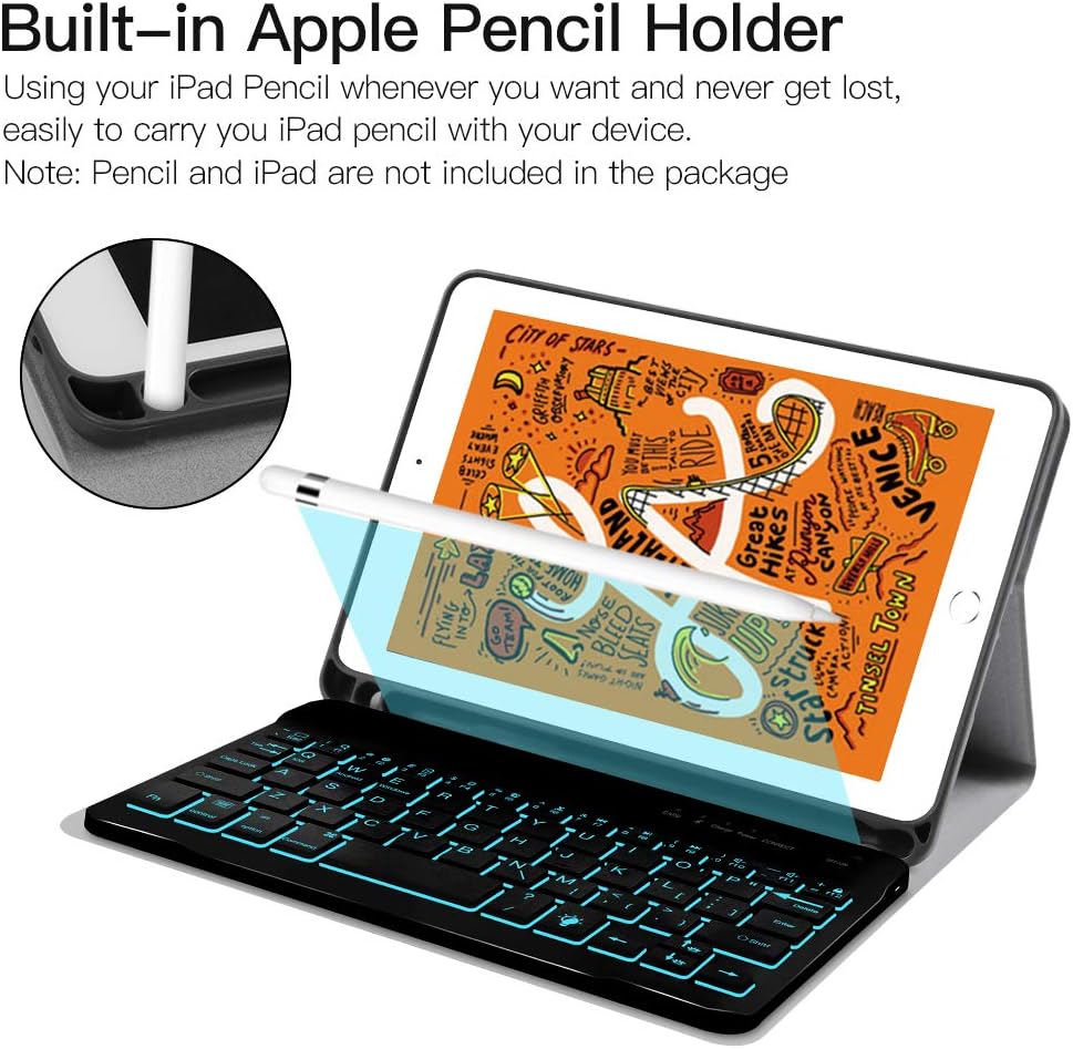 Nеw Prоduсt iPad Keyboard Case for iPad 7.9, JUQITECH Smart Case with Backlit Keyboard for iPad Mini 5 5th Gen Mini 4 Detachable Wireless Tablet Rechargeable Back lit Keyboard Cover Case with Pencil Holder, Black