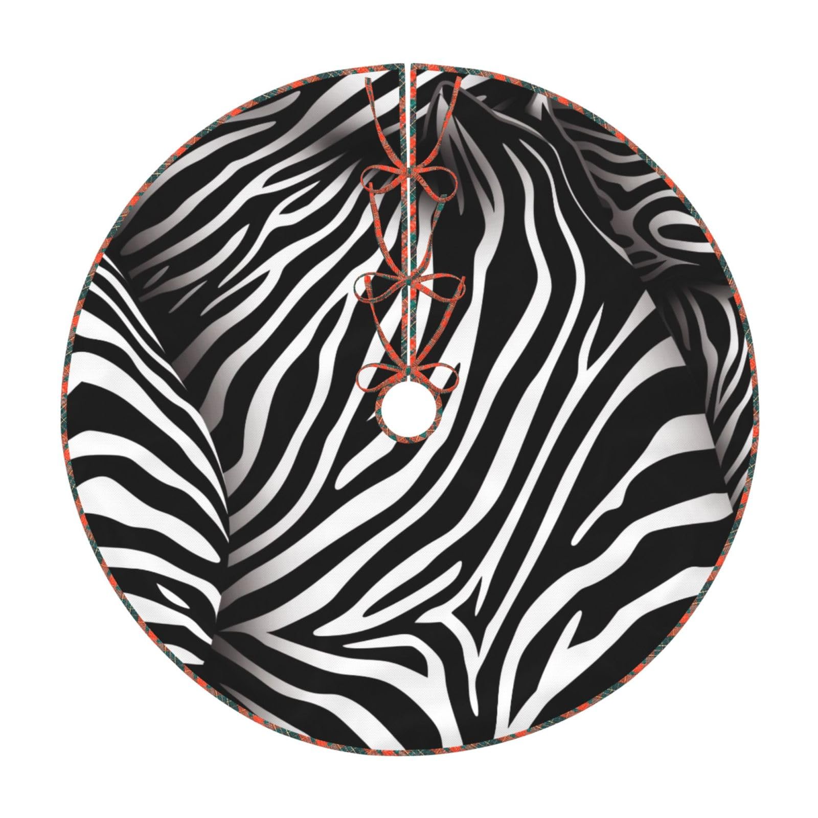 Zebra Print Printed Imitation Linen Christmas Tree Skirt with Lattice Bandage, Xmas Tree Cover Mat for Christmas New Year Party Home Decor, 30 inch