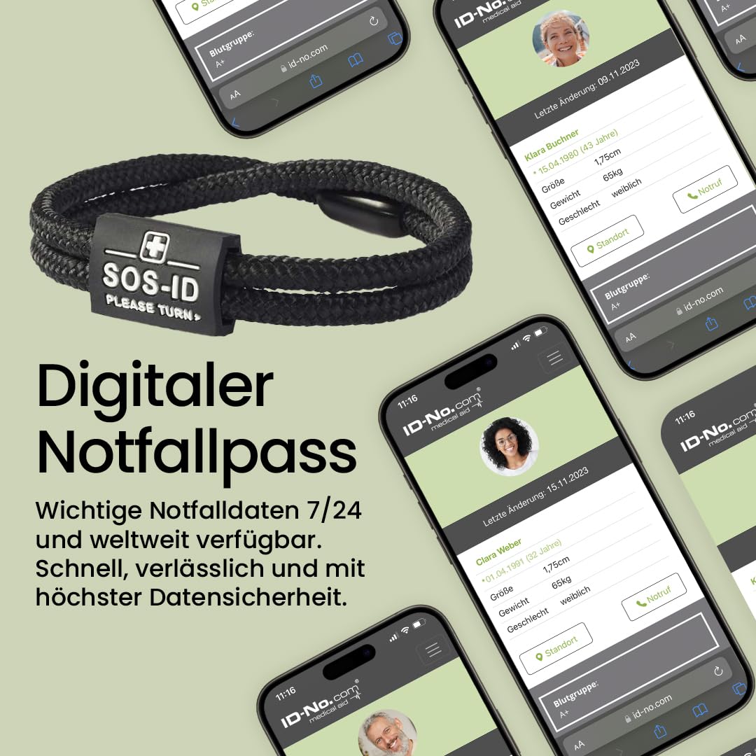 SOS-ID Lifestyle Notfallarmband aus robustem Segeltau mit QR-Code (Größe S/Schwarz) – langlebiges & wasserfestes SOS Armband für Notfälle – schneller Zugriff auf Gesundheitsdaten