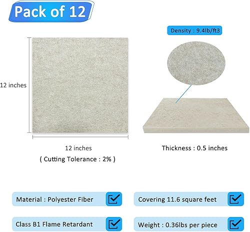Miniatura 2 de BXI Paneles acústicos gruesos que absorben el sonido, paquete de 12 paneles acústicos densos de 12 x 12 x 0.5 pulgadas, paneles de sonido que