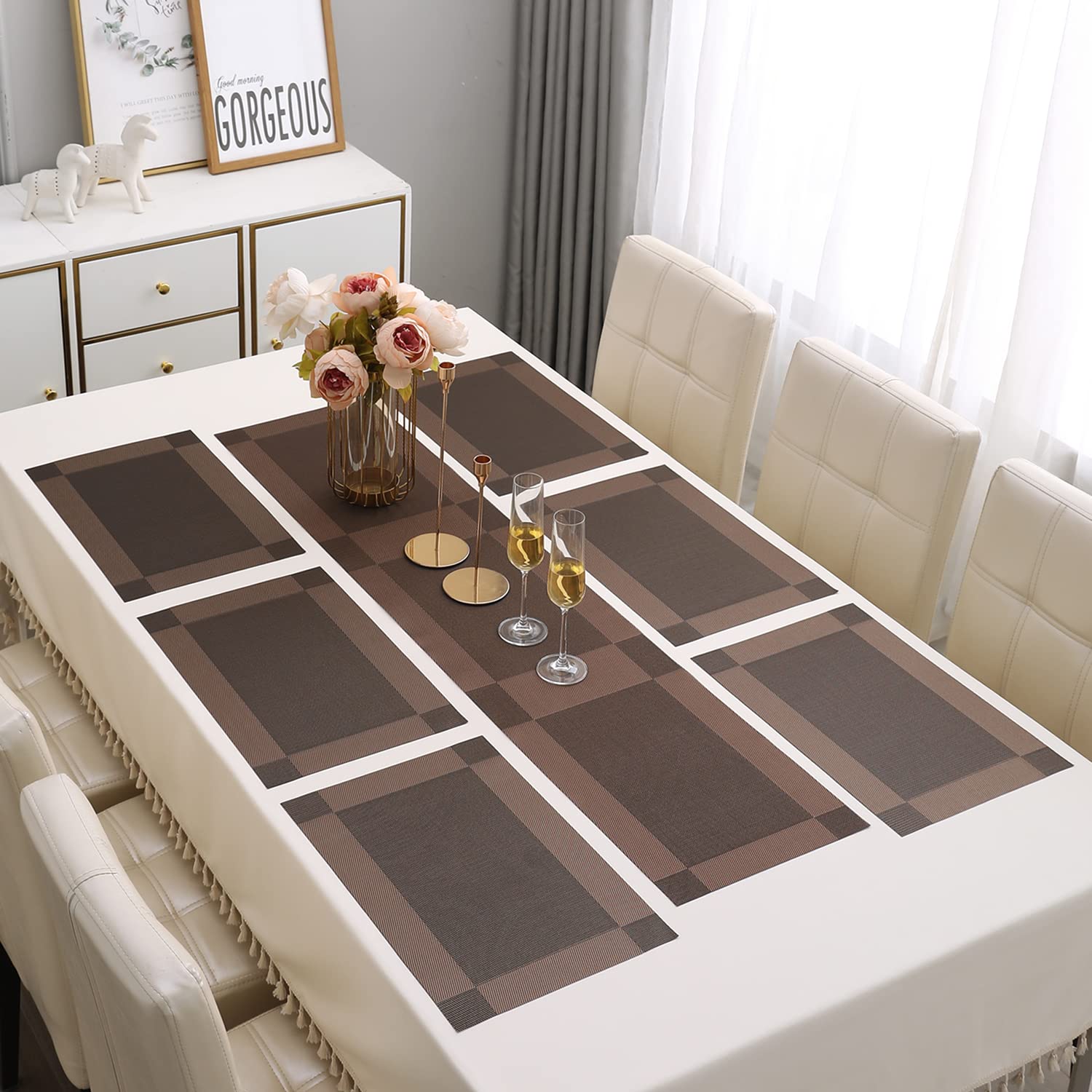 HOKIPO Pvc Placemats With Runner For Dining Table 6 Seater (Ar2774), Dark Brown