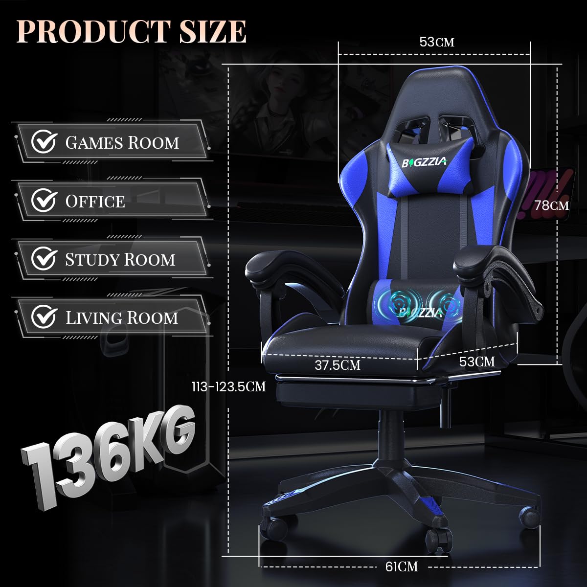 bigzzia Sedia Gaming, Sedie Ergonomica con Poggiapiedi per Videogiochi, Sedia da Gaming con Cuscino Lombare Massaggiante e Poggiatesta per Giocare, Studiare e Lavorare in Ufficio (Blu)