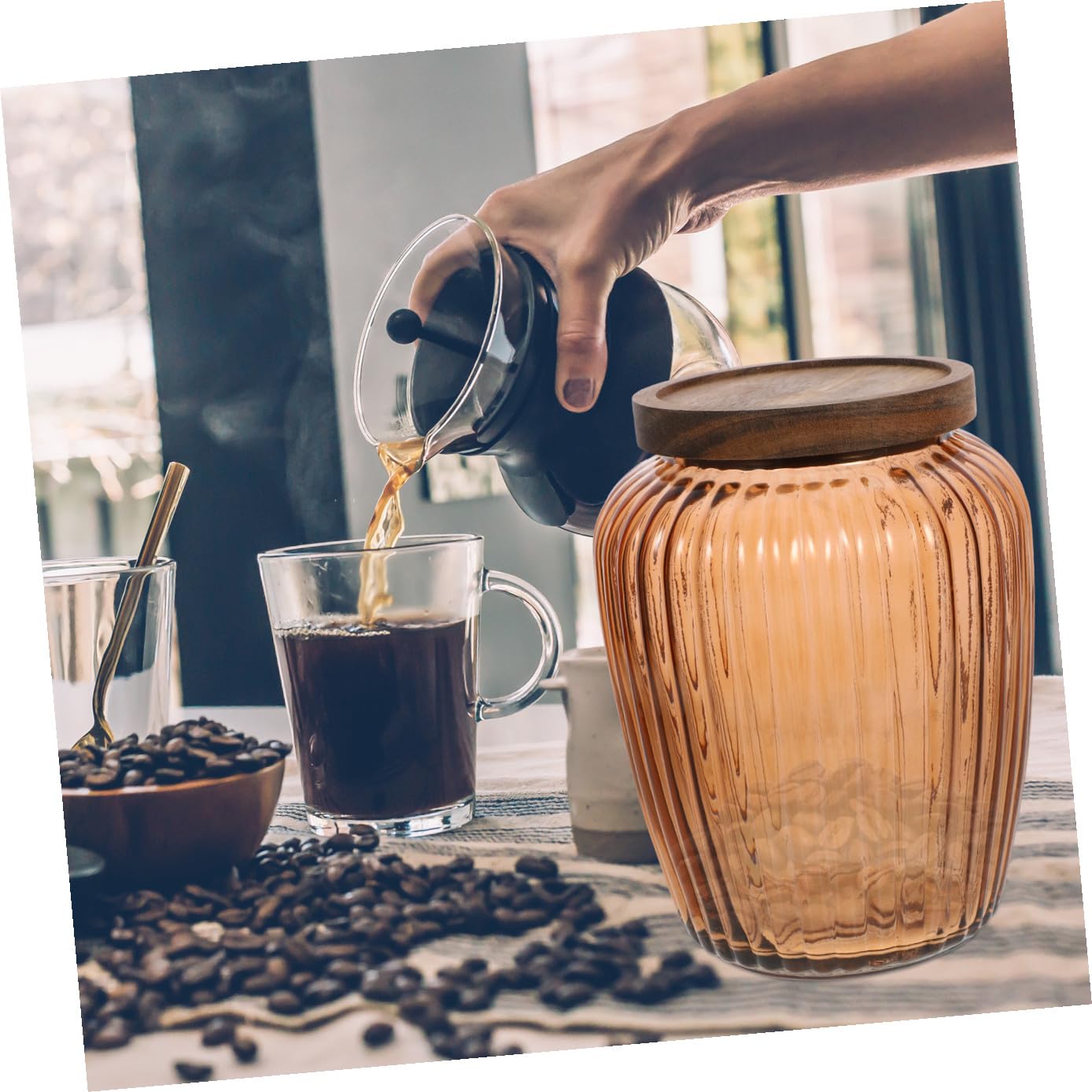 Cabilock Luftdichter Kaffeebehälter aus Glas mit Holzdeckel Transparentes Vorratsglas für Trockenlebensmittel Hülsenfrüchte und Getreide
