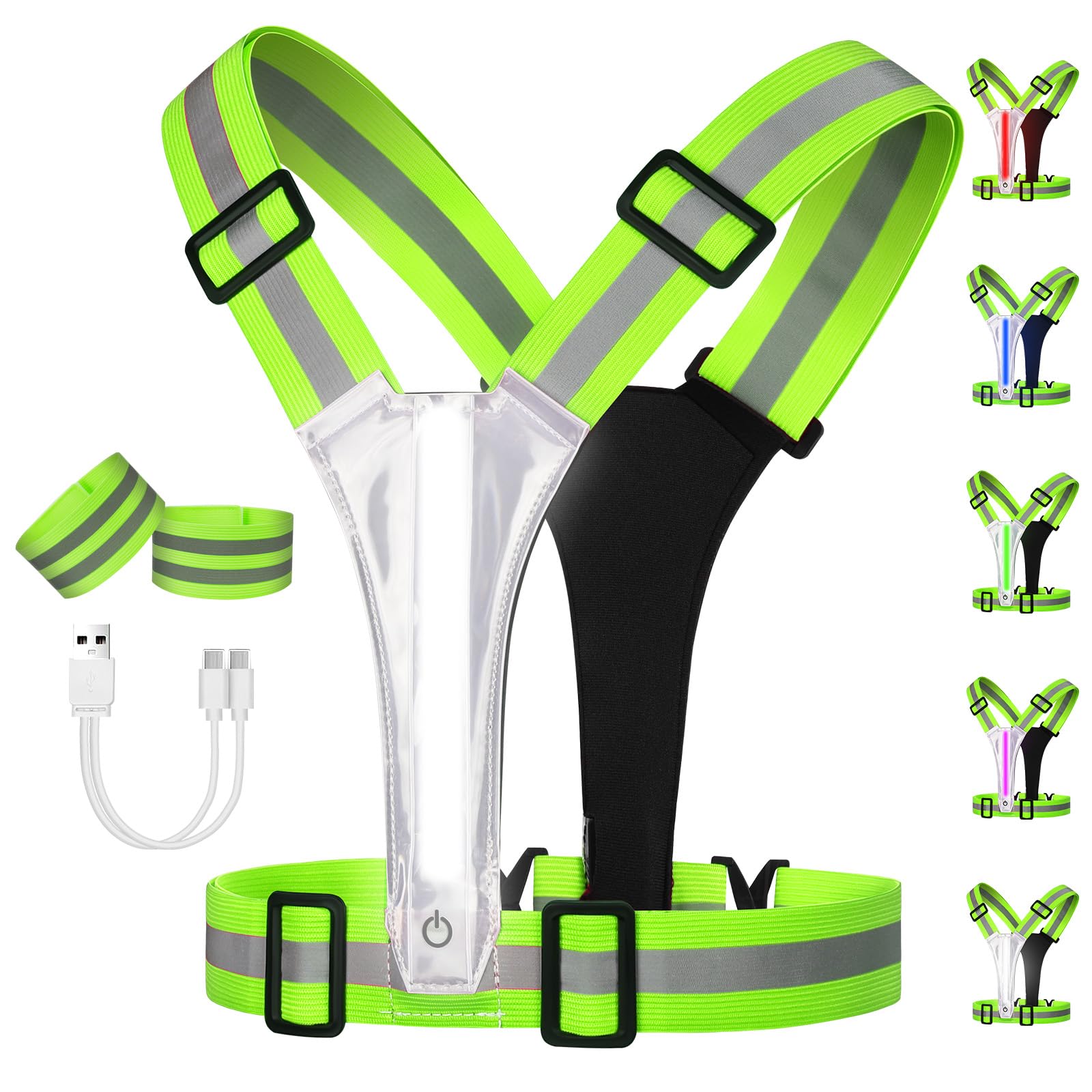 Adiwo LED Reflective Vest Running Gear, Running Vest with 5 Lights Colors and 11 Modes, USB-C Rechargeable, High Visibility with Adjustable, for Cycling Night Men Women Kids Children Green