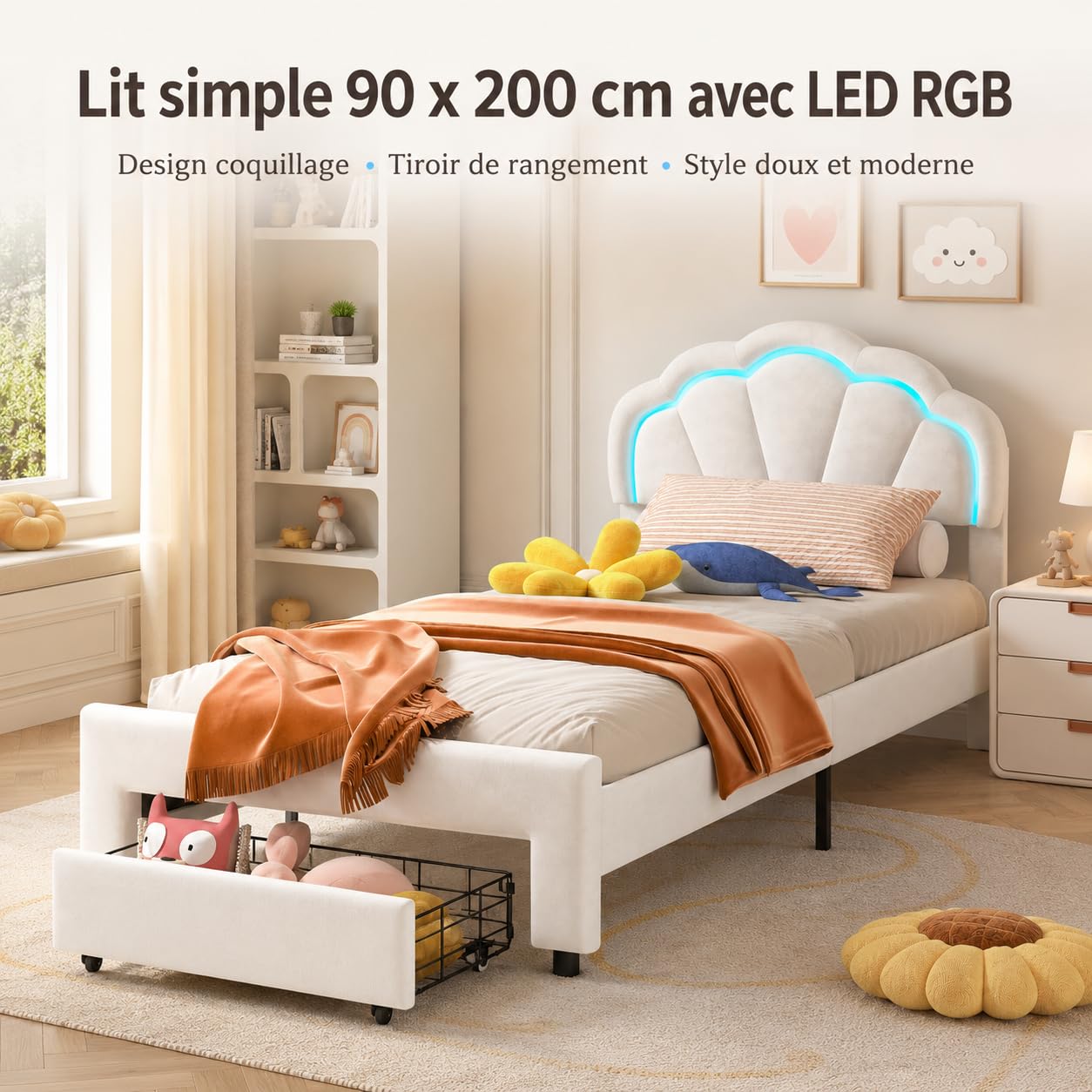 BRILVERDE Lettino imbottito per bambini, 90 x 200, con cassetti, bella testiera a forma di fiore, rete a doghe in legno massiccio, letto da principessa, in materiale velour, delicato sulla pelle