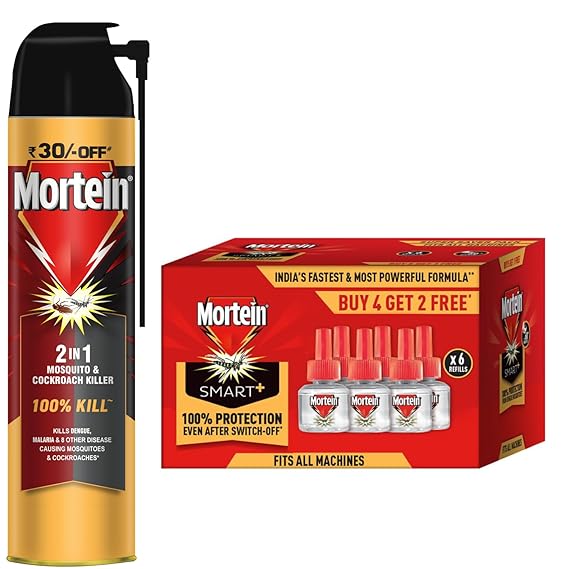 Mortein 2 in 1 Mosquito Killer & Cockroach Killer Spray - 400ml + 45ml x 6 (Buy 4 Get 2 Free), SmartPlus Mosquito Repellent Refill