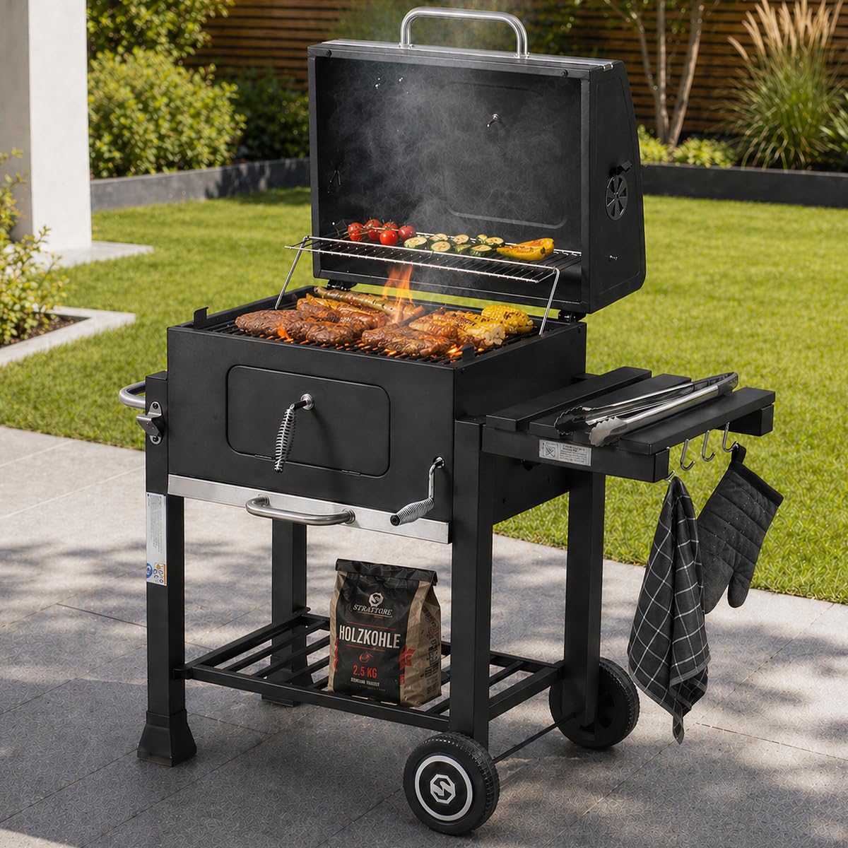 Holzkohlegrill XL BBQ Grillwagen Verstellbarer Standgrill mit Deckel Quadratischer Barbecue Gartengrill aus Eisen - Garten Camping Terrasse - Grillrost und Thermometer Holzkohle Grill