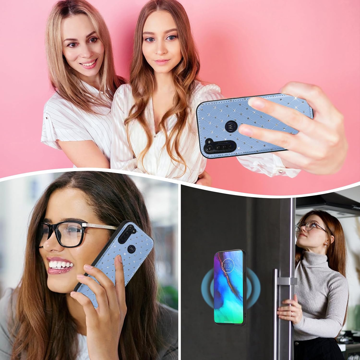 Phone Case for Moto G Stylus 2020 MotoG Pro Zipper Wallet Detachable Cell Cover Screen Protector Crossbody Strap Bling Flip Credit Card Holder Motorola GStylus Stylo XT2043-4 XT2043 Women Light Blue