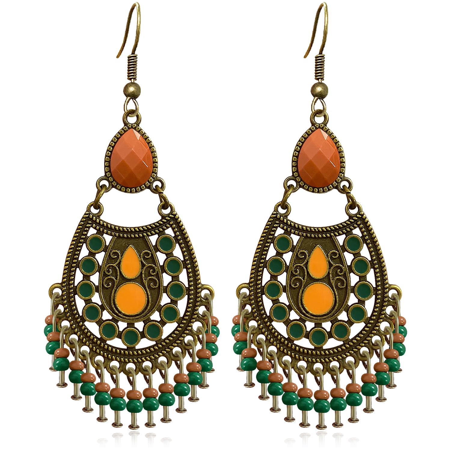 NUNAGIN Vintage Bohemian Style Antique Copper Colored Enamel Dangle Drop Earrings Ethnic Tribal Style Alloy Rhinestone Tassel Dangle Drop Earrings for