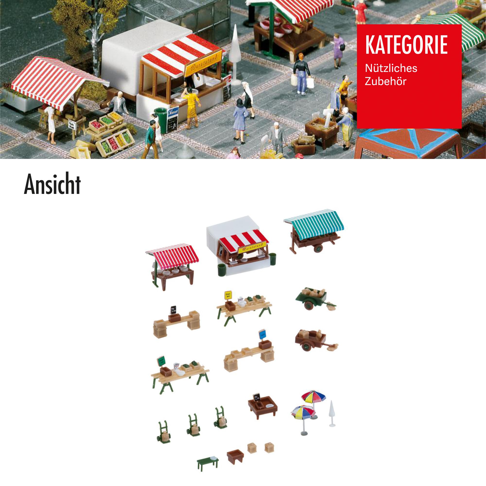 FALLER Wochenmarkt Modellbausatz mit 147 Einzelteilen I Modelleisenbahn Zubehör N I Modelleisenbahn N Wochenmarkt inkl. Würstchenstand I Epoche 3