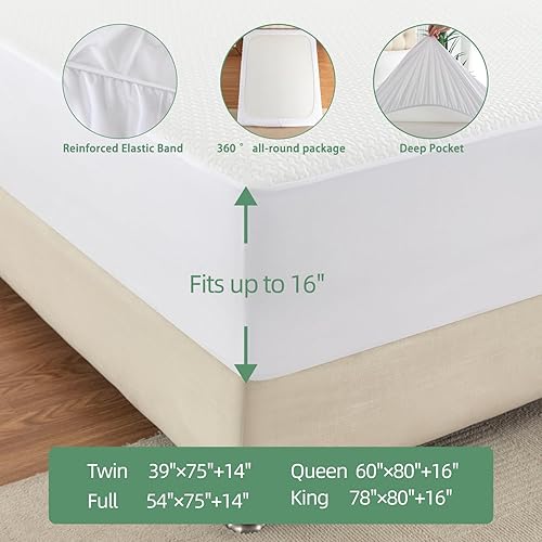 Miniatura 7 de JOSOP Protector de colchón Queen 100% impermeable, transpirable, refrescante, 3D, de viscosa de bambú, con bolsillo profundo de 6 a 16 pulgadas,