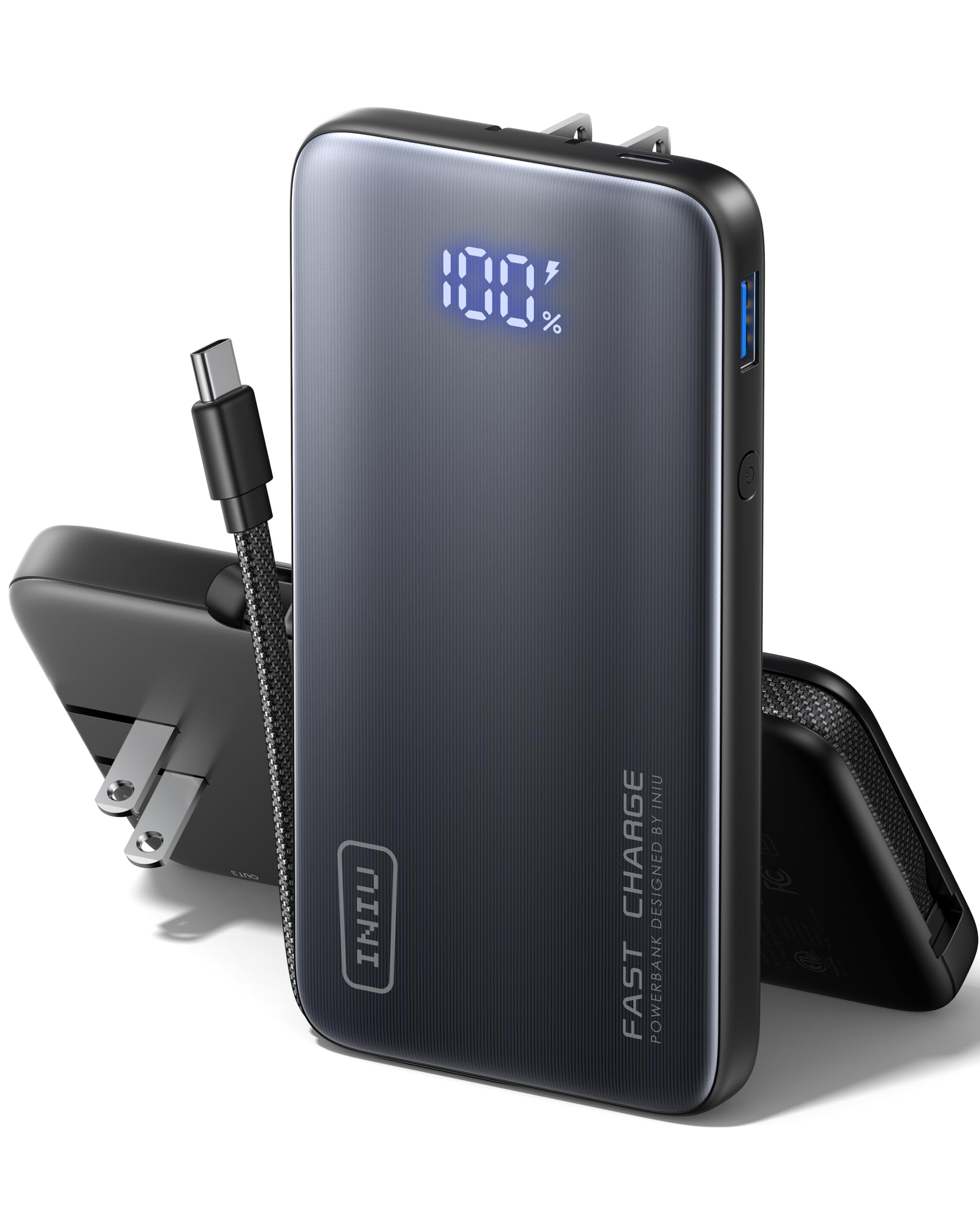 INIU Power Bank with Wall Plug 45W 10000mAh Fast Charging Portable Charger with Built-in Cable Travel Essentials Slim