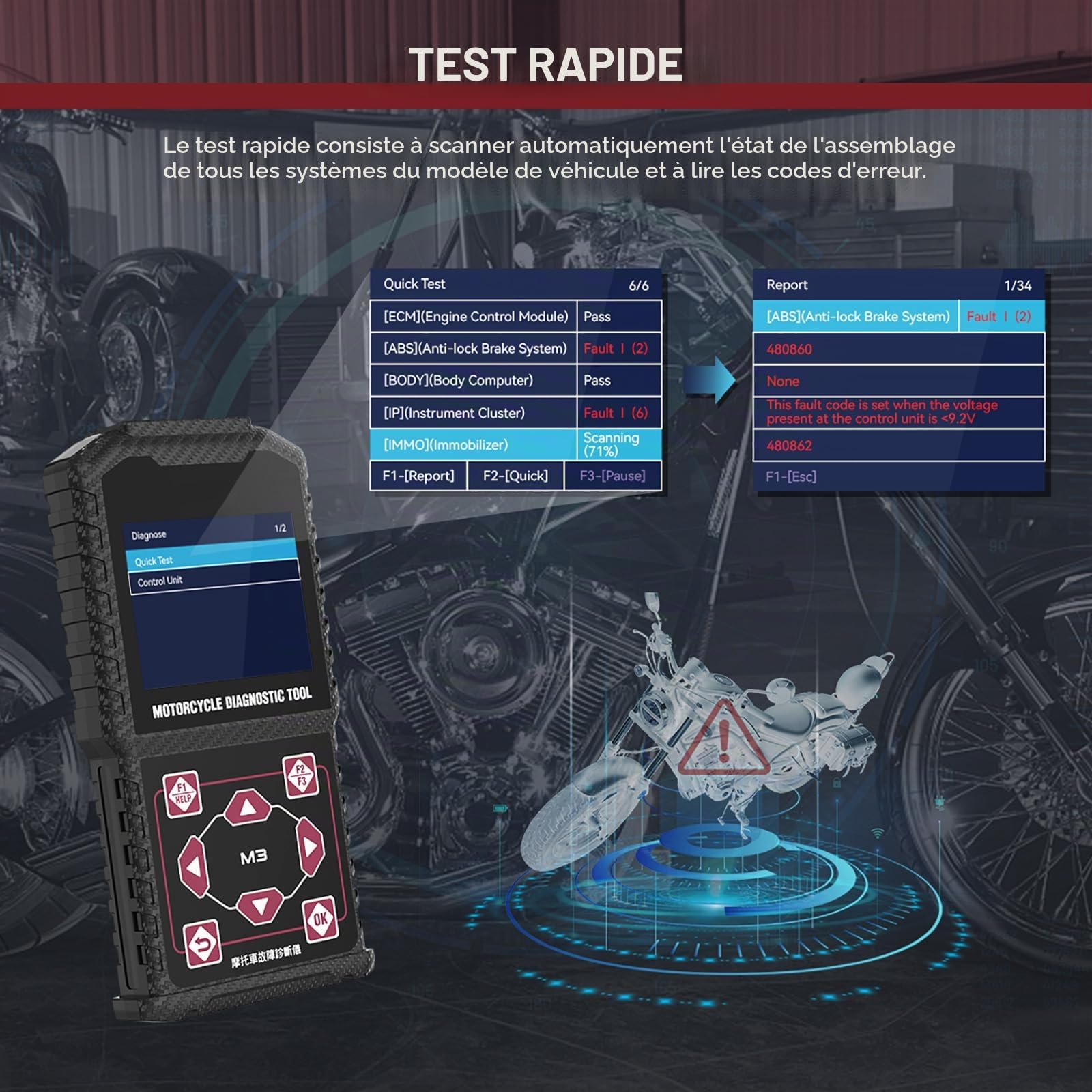 Scanner Diagnostic Moto M3-A - Outil de Diagnostic OBD2 Professionnel pour Moto Yamaha, Kawasaki,Honda,avec Test de Batterie, Lecture/Effacement de Codes Défaut,Test Actuateur,12 Langues Dont Français